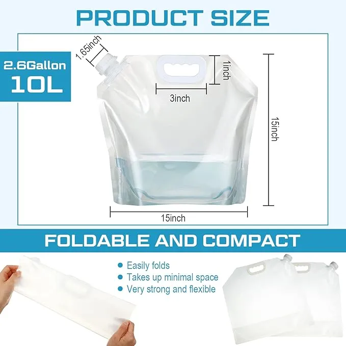 10 Pcs Collapsible Water Container Bag 2.6 Gallon Ice Bath Bags Foldable Water Bag Cold Plunge Accessories Emergency Water Pouches for Camping, Hiking, Emergency, Freezable, Athletes