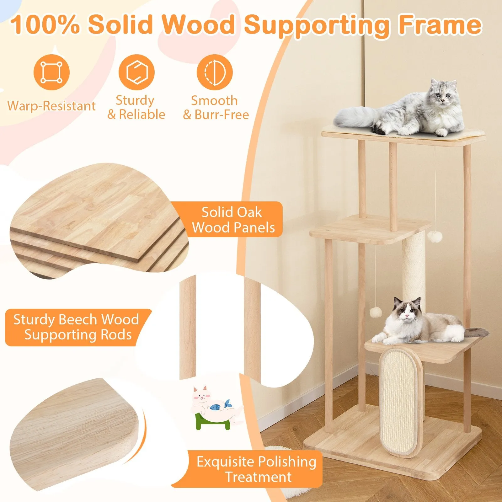 126 cm Tall Solid Wood Cat Tree with Oak Frame and Beech Post for Kittens and Adult Cats