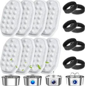 16 Pack Cat Water Fountain Filters Replacement & Pre-Filter Sponges for 108oz/3.2 Stainless Steel Pet Water Fountain with Water Level Window