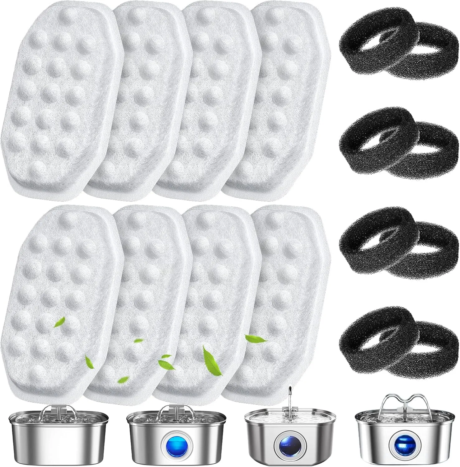 16 Pack Cat Water Fountain Filters Replacement & Pre-Filter Sponges for 108oz/3.2 Stainless Steel Pet Water Fountain with Water Level Window