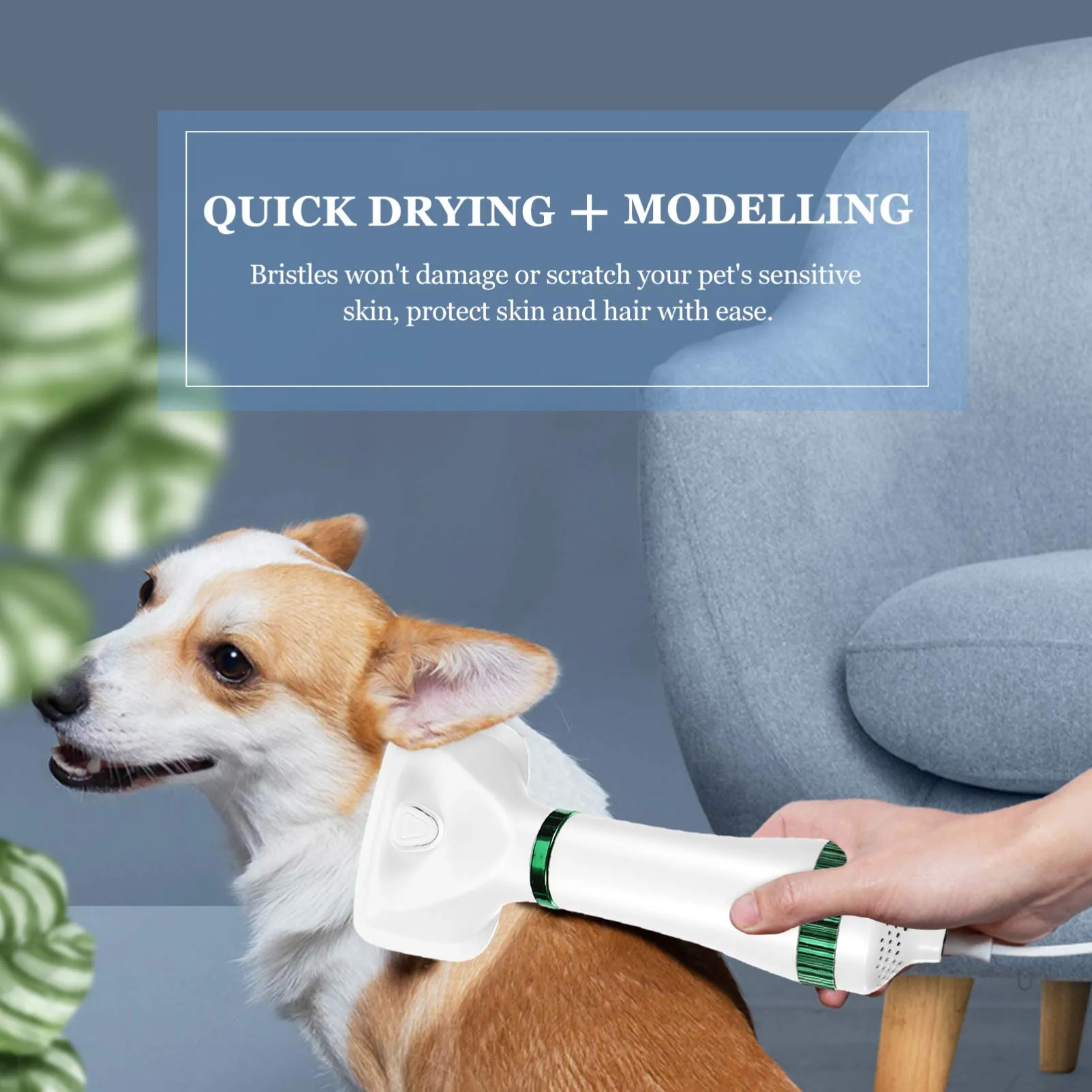 2 in 1 Dog Hair Dryer Comb Pet Hair Dryer Portable Dog Dryer with Slicker Brush Professional Home Grooming Furry Drying Blower for Small Large Cat Dog White