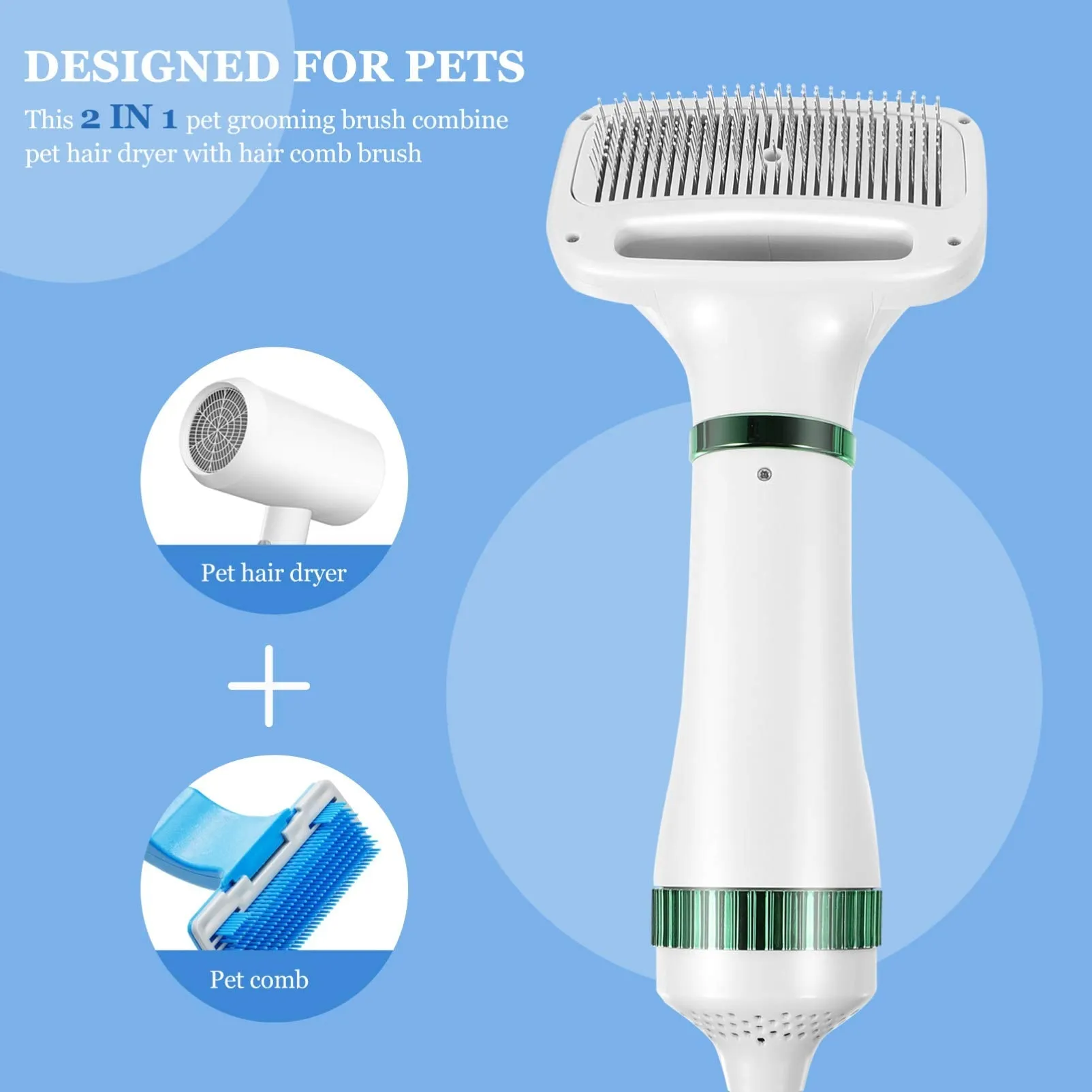 2 in 1 Dog Hair Dryer Comb Pet Hair Dryer Portable Dog Dryer with Slicker Brush Professional Home Grooming Furry Drying Blower for Small Large Cat Dog White