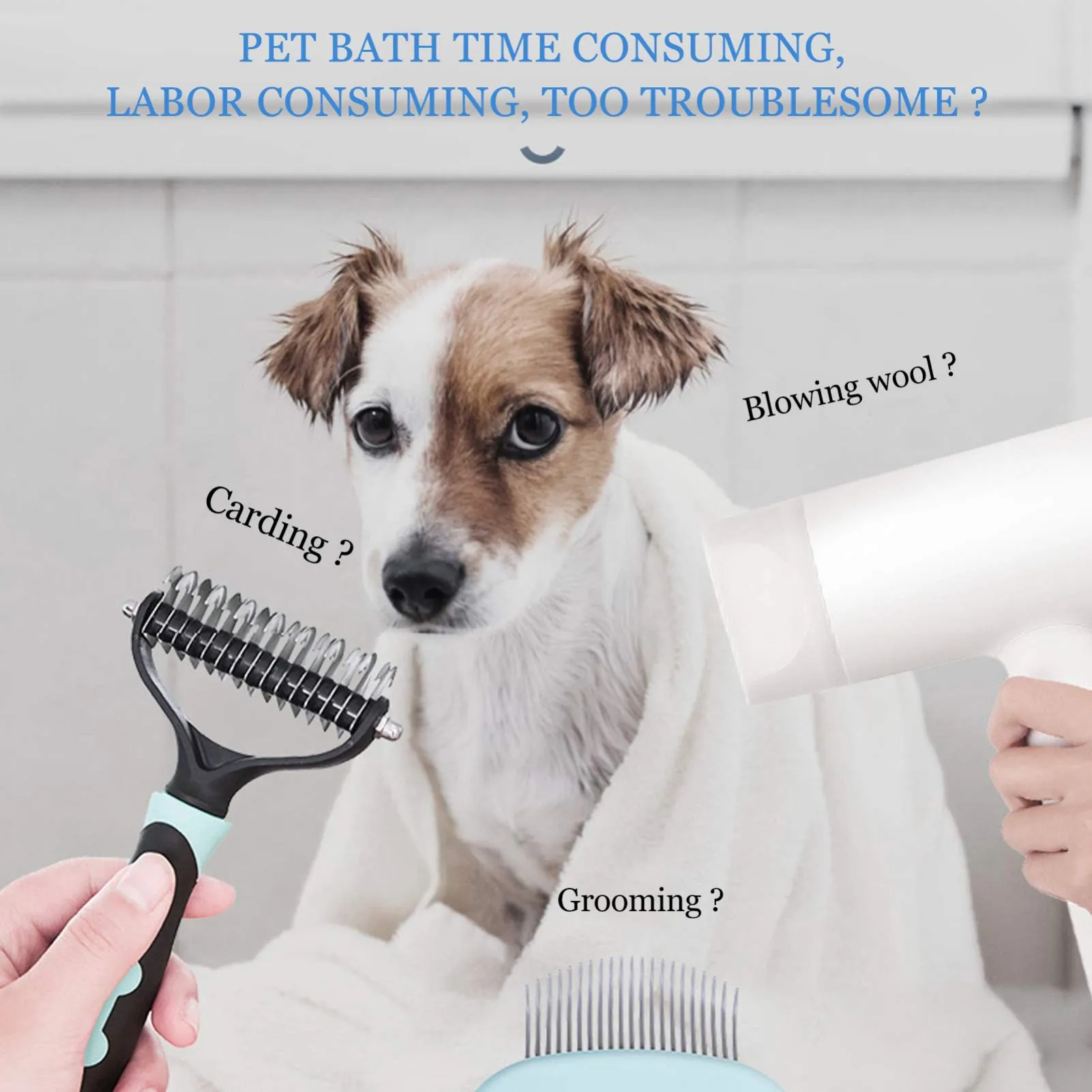 2 in 1 Dog Hair Dryer Comb Pet Hair Dryer Portable Dog Dryer with Slicker Brush Professional Home Grooming Furry Drying Blower for Small Large Cat Dog White