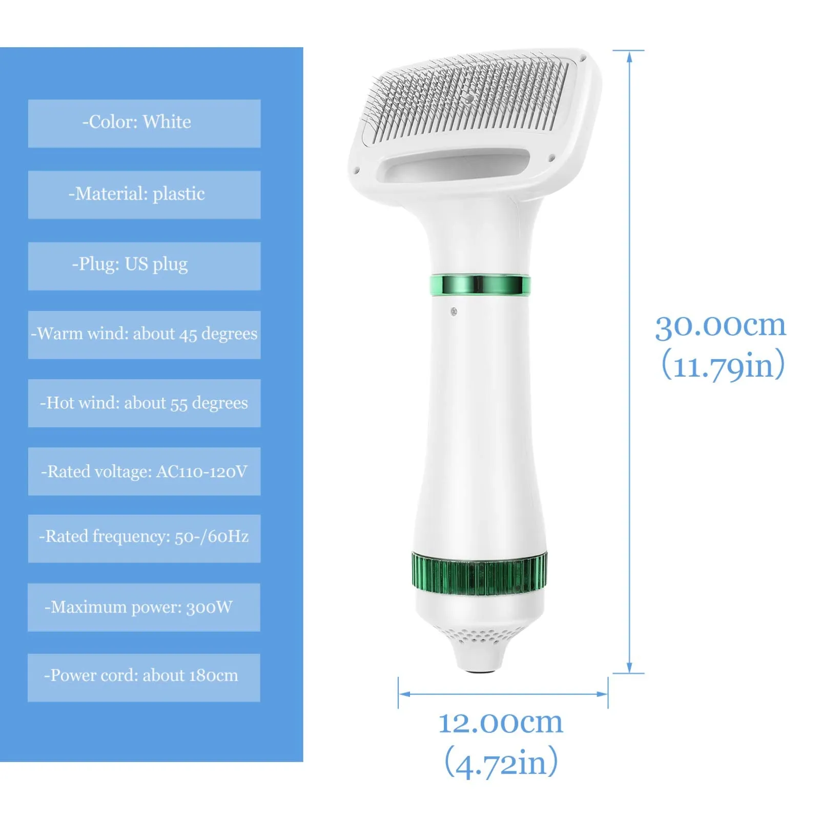 2 in 1 Dog Hair Dryer Comb Pet Hair Dryer Portable Dog Dryer with Slicker Brush Professional Home Grooming Furry Drying Blower for Small Large Cat Dog White
