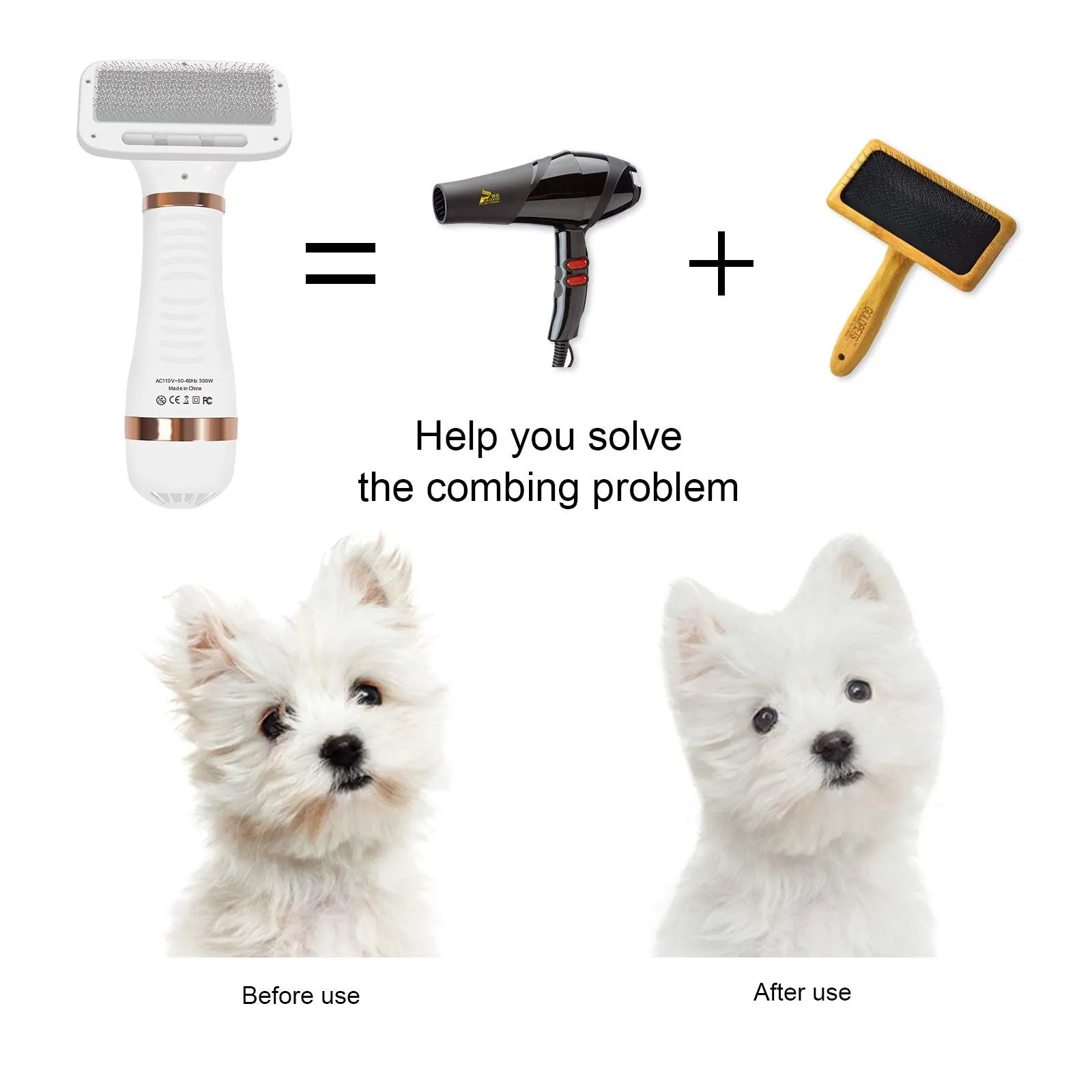 2 in 1 Hair Dryer with Slicker Brush, Adjustable Blowing for Small & Large Pets' Bath and Grooming