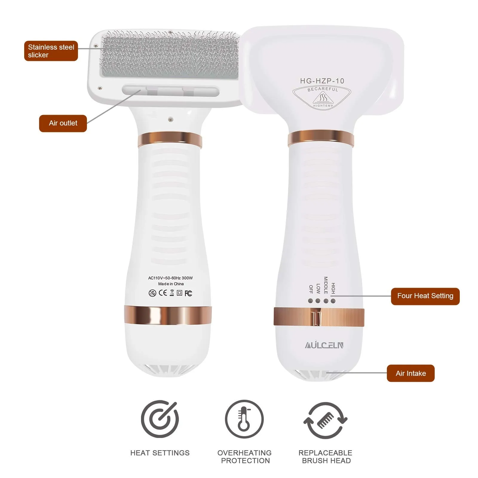 2 in 1 Hair Dryer with Slicker Brush, Adjustable Blowing for Small & Large Pets' Bath and Grooming