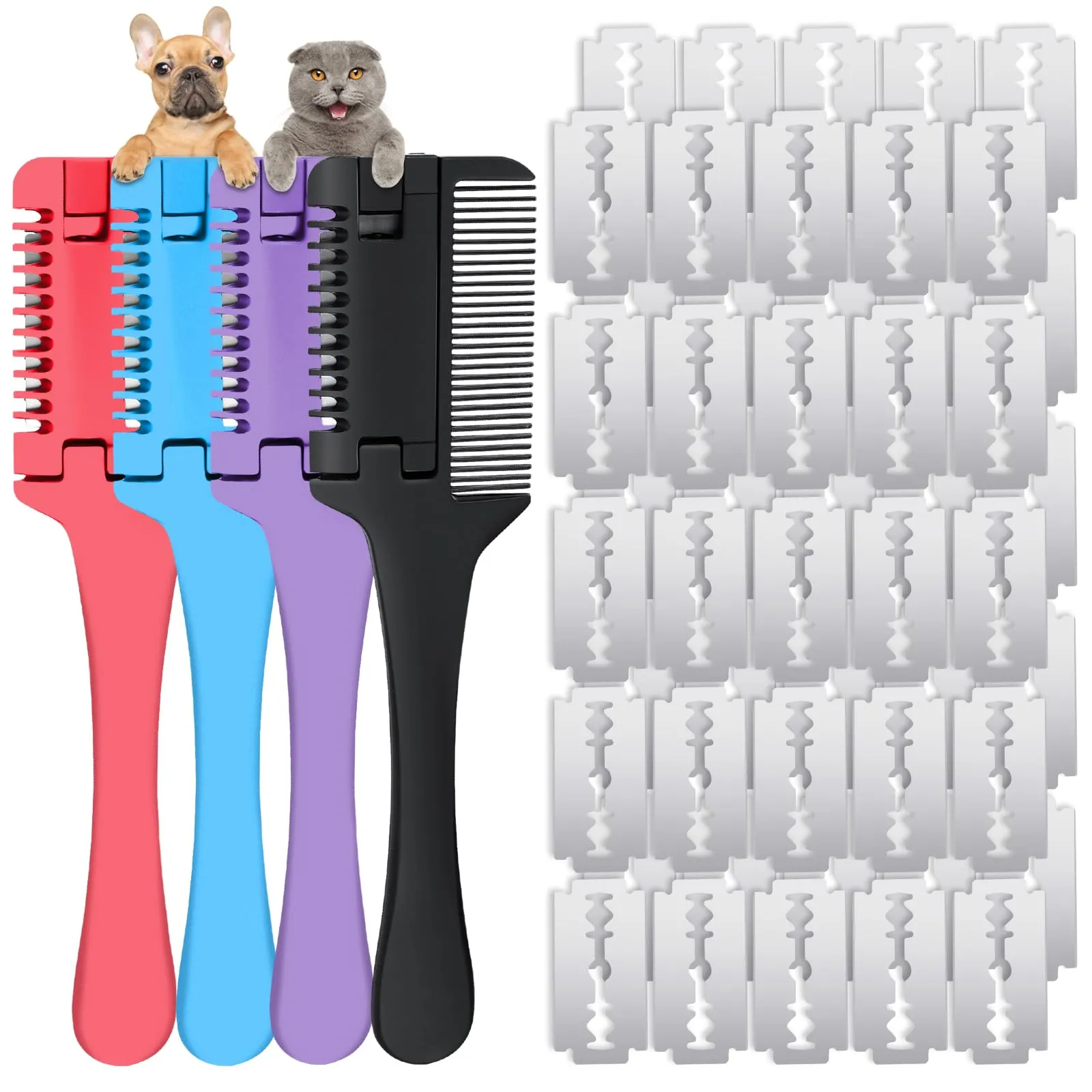 2 in 1 Pet Grooming Tool for Dogs and Cats - Razor Comb with 40 Extra Blades for Trimming, Cutting Hair and Maintaining Coat