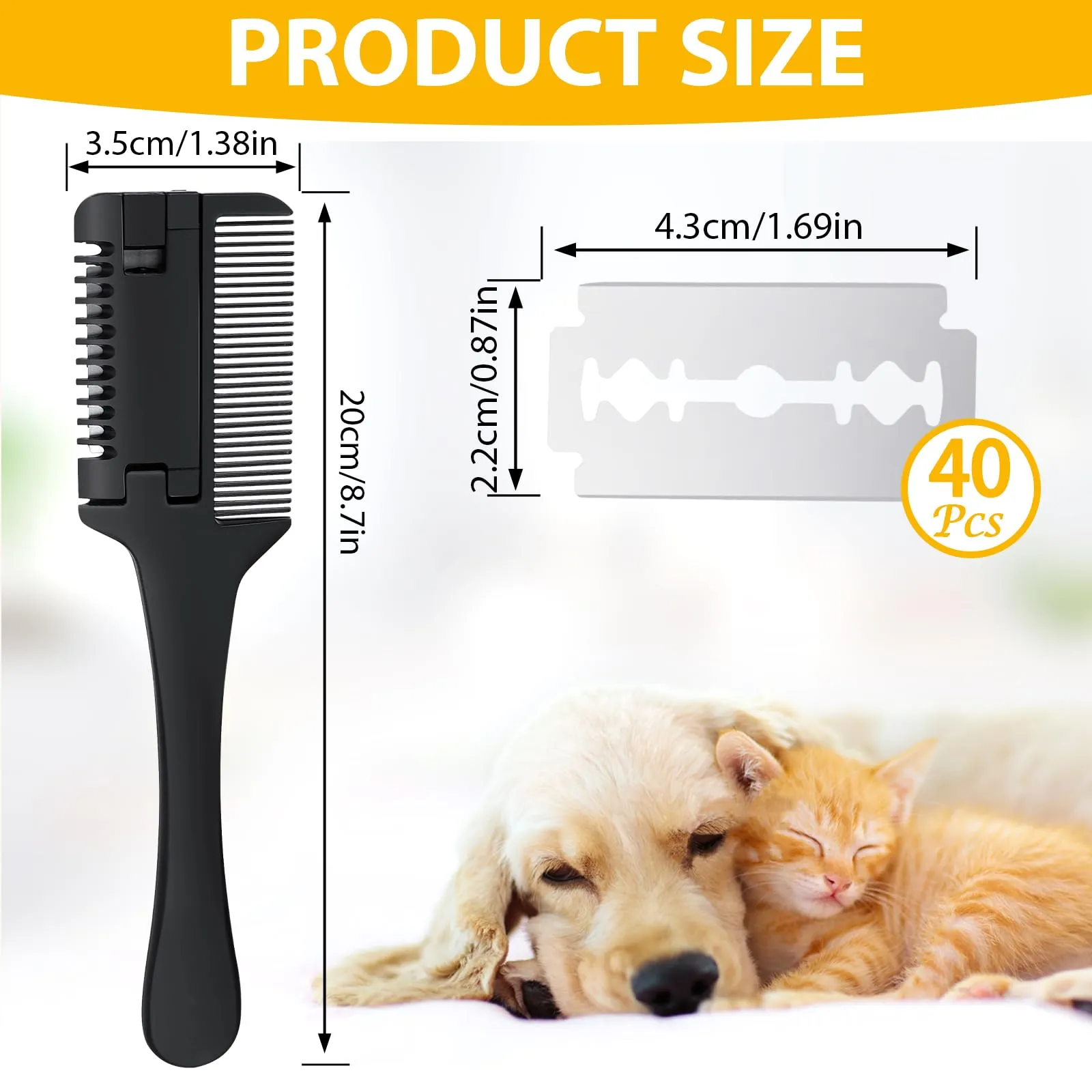 2 in 1 Pet Grooming Tool for Dogs and Cats - Razor Comb with 40 Extra Blades for Trimming, Cutting Hair and Maintaining Coat