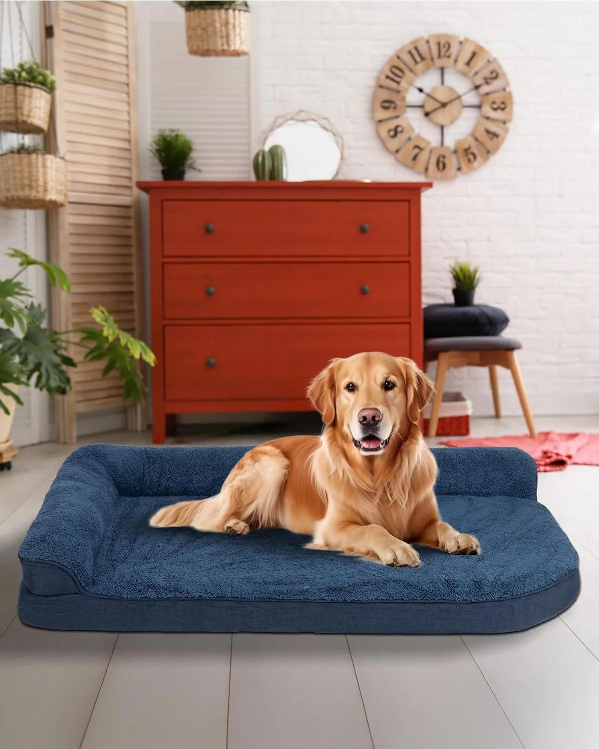 35'' x 22'' x 3.2'' L-Shaped Orthopedic Dog Beds, Medium Dogs Bed with Removable Cover and Nonskid Bottom, Navy Blue