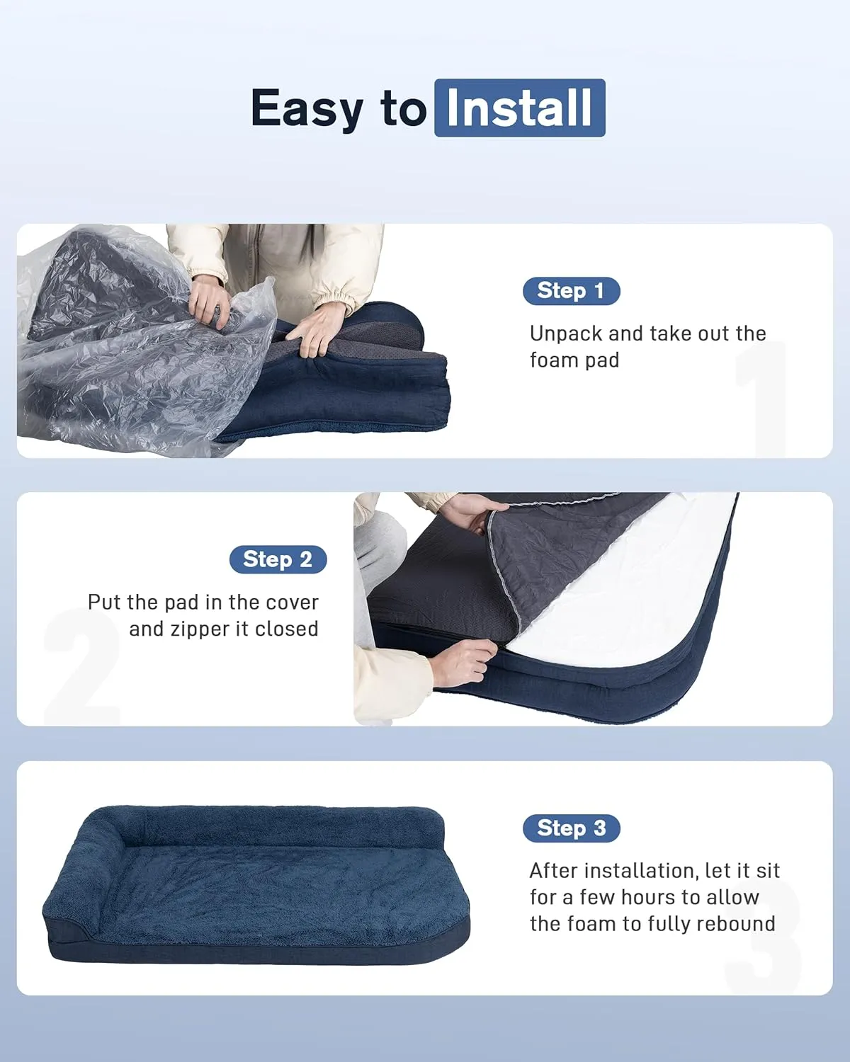35'' x 22'' x 3.2'' L-Shaped Orthopedic Dog Beds, Medium Dogs Bed with Removable Cover and Nonskid Bottom, Navy Blue