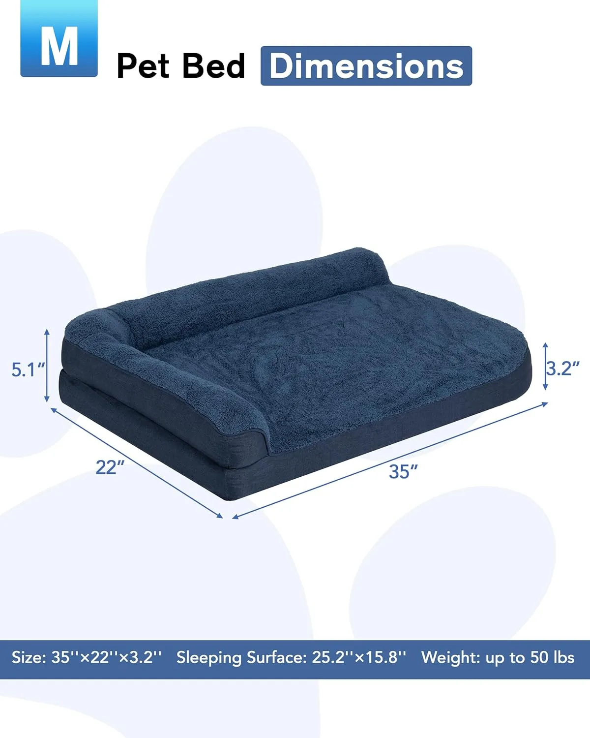35'' x 22'' x 3.2'' L-Shaped Orthopedic Dog Beds, Medium Dogs Bed with Removable Cover and Nonskid Bottom, Navy Blue