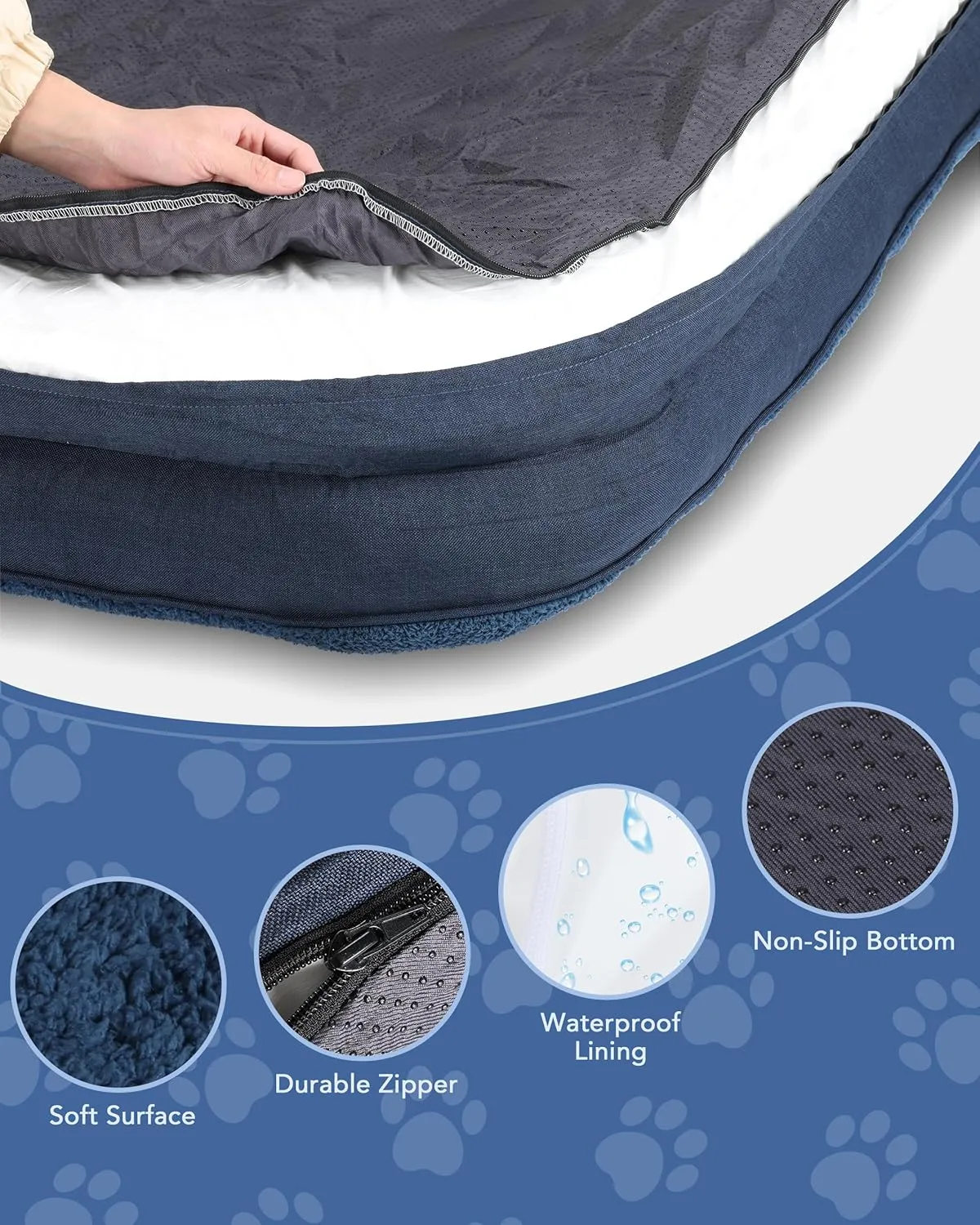 35'' x 22'' x 3.2'' L-Shaped Orthopedic Dog Beds, Medium Dogs Bed with Removable Cover and Nonskid Bottom, Navy Blue
