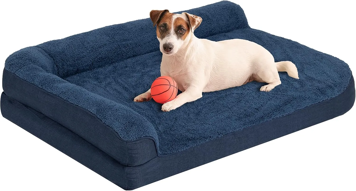 35'' x 22'' x 3.2'' L-Shaped Orthopedic Dog Beds, Medium Dogs Bed with Removable Cover and Nonskid Bottom, Navy Blue