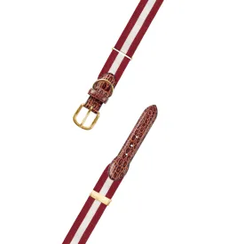 Adjustable Crimson & White Grosgrain Dog Collar with Embossed Calf Tabs