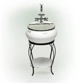 Alpine Corporation 32 in. Tall Outdoor Antique Metal Sink Water Fountain and Stand, White