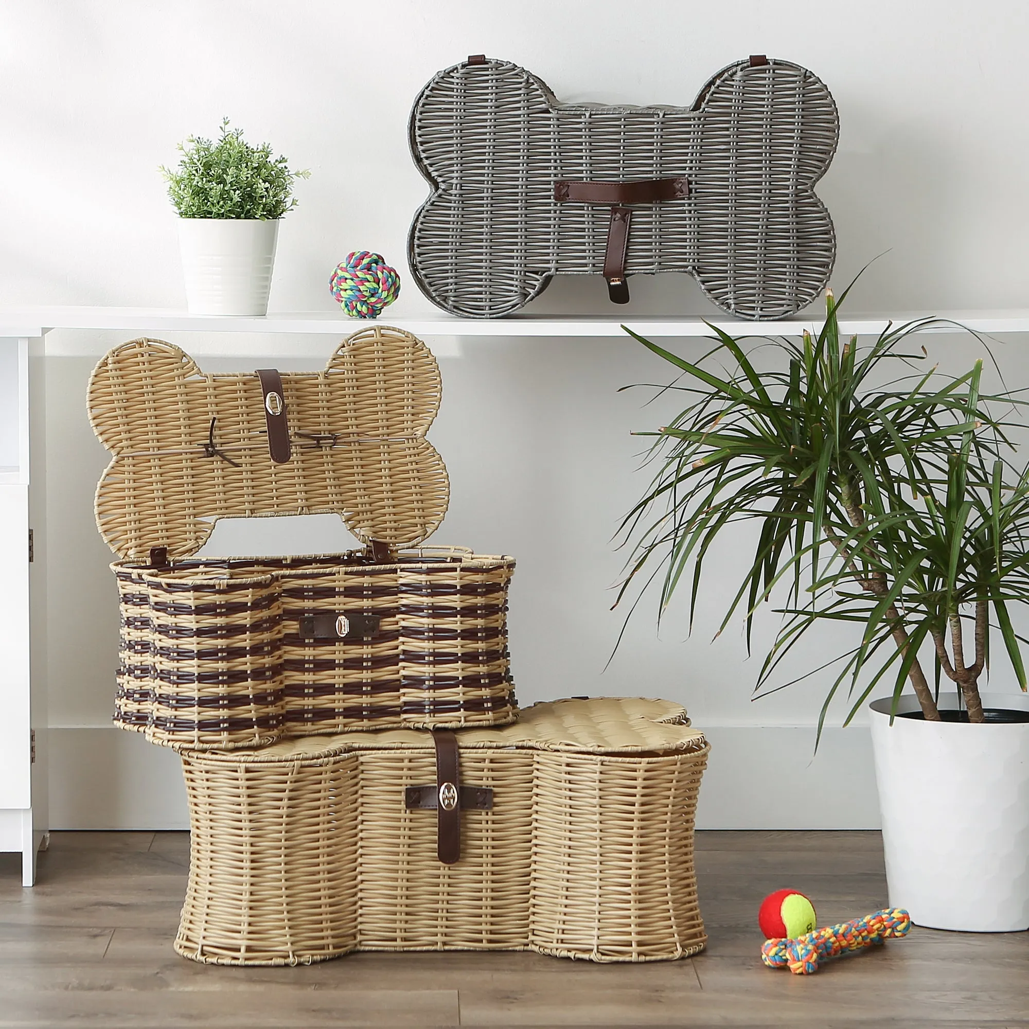 Bone Dry Pet Toy Storage Basket, Bone Shaped, Beige - 21x13x8"