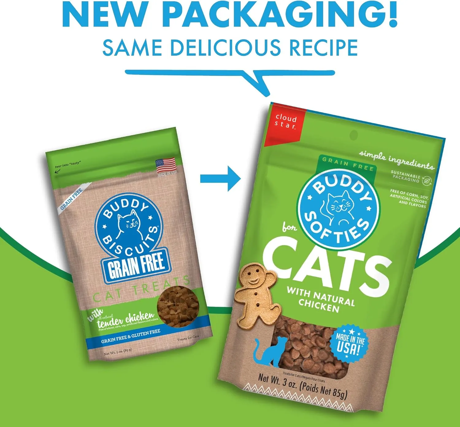 Buddy Biscuits 3 oz Pouch of Grain Free Soft & Chewy Cat Treats Made with Natural Tender Chicken
