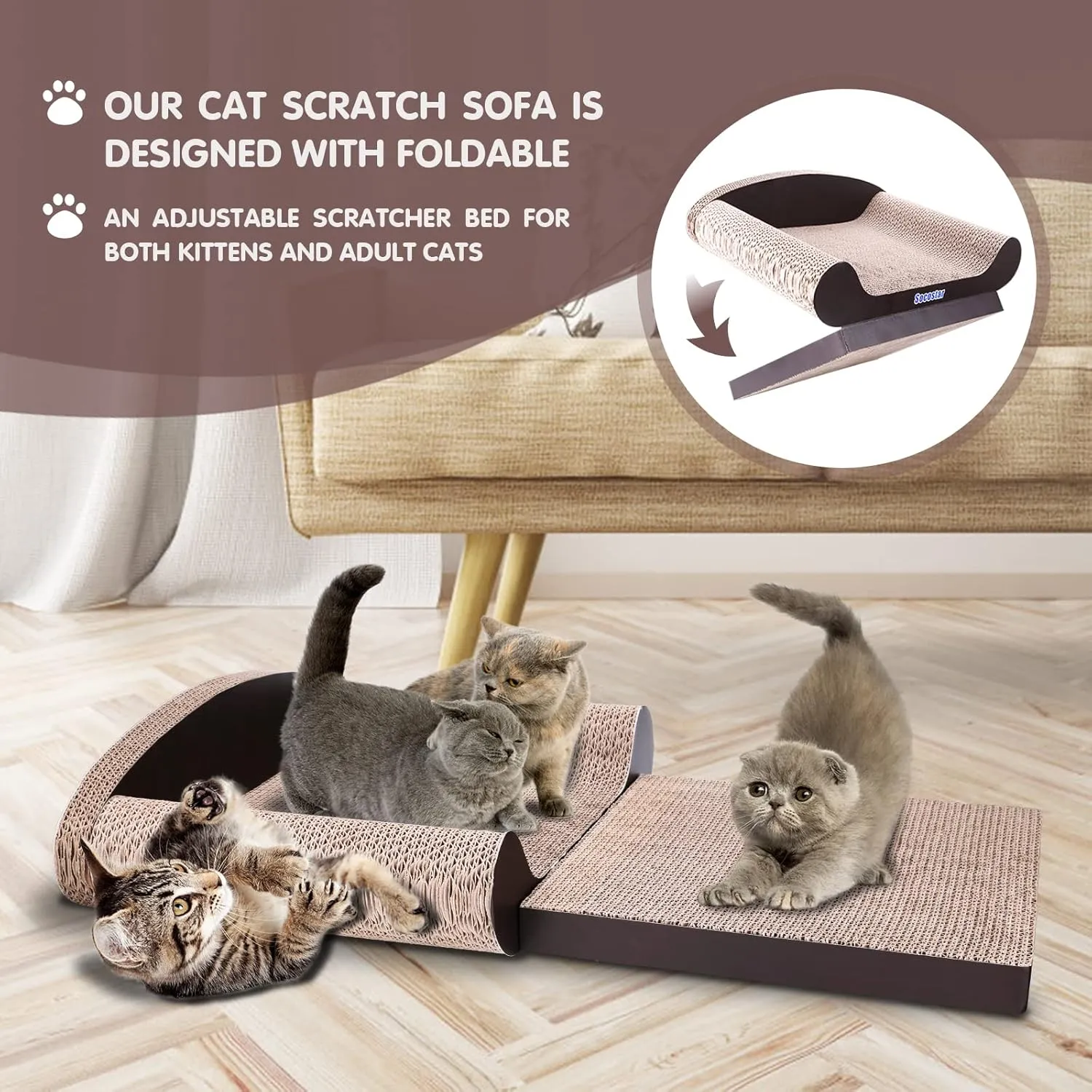 Cat Couch Bed Pad, Cardboard Cats Scratcher Furniture with Catnip, Large Scratch Sofa for Indoor Cats, Wear Resistant and Durable Cat Scratching Board