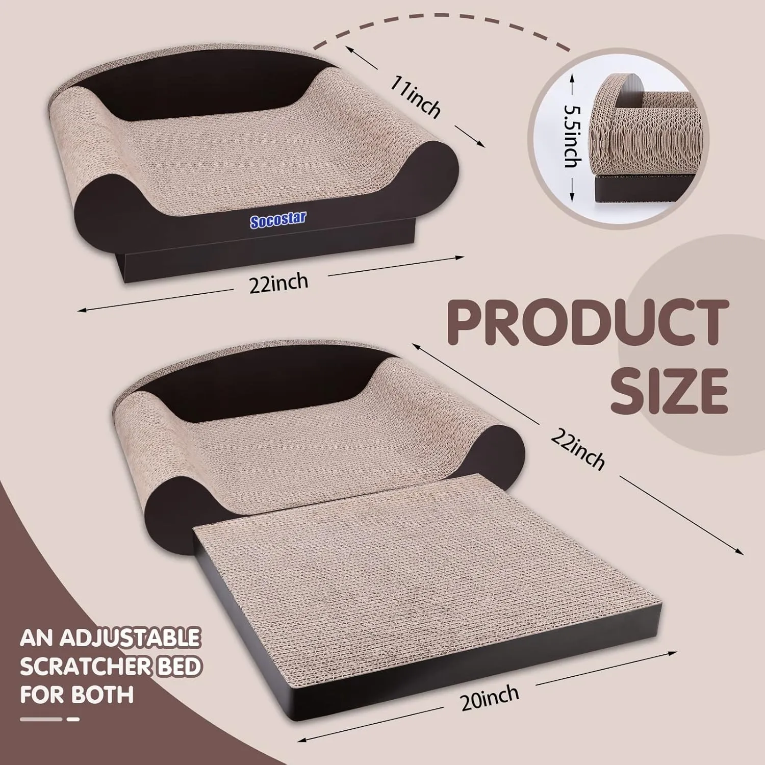 Cat Couch Bed Pad, Cardboard Cats Scratcher Furniture with Catnip, Large Scratch Sofa for Indoor Cats, Wear Resistant and Durable Cat Scratching Board