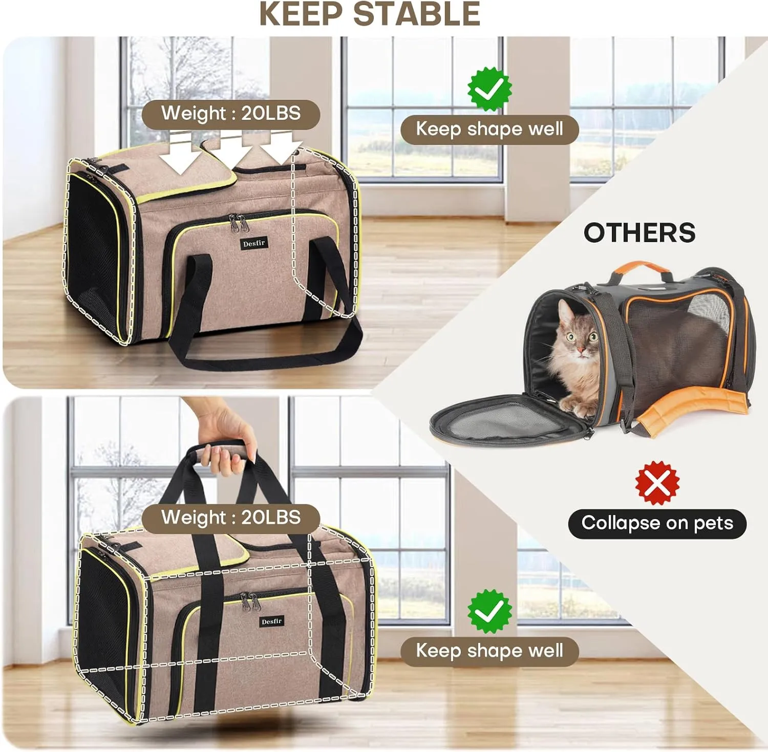 Cat Dog Carrier Bag, 5 Sides Open Doors, 2 Sides Expandable, Large Soft Sided Pet Carriers with Removable Pad, 19x12x12 Inch for Kitten, Rabbit, Puppy, Small Animal, Airline Approved