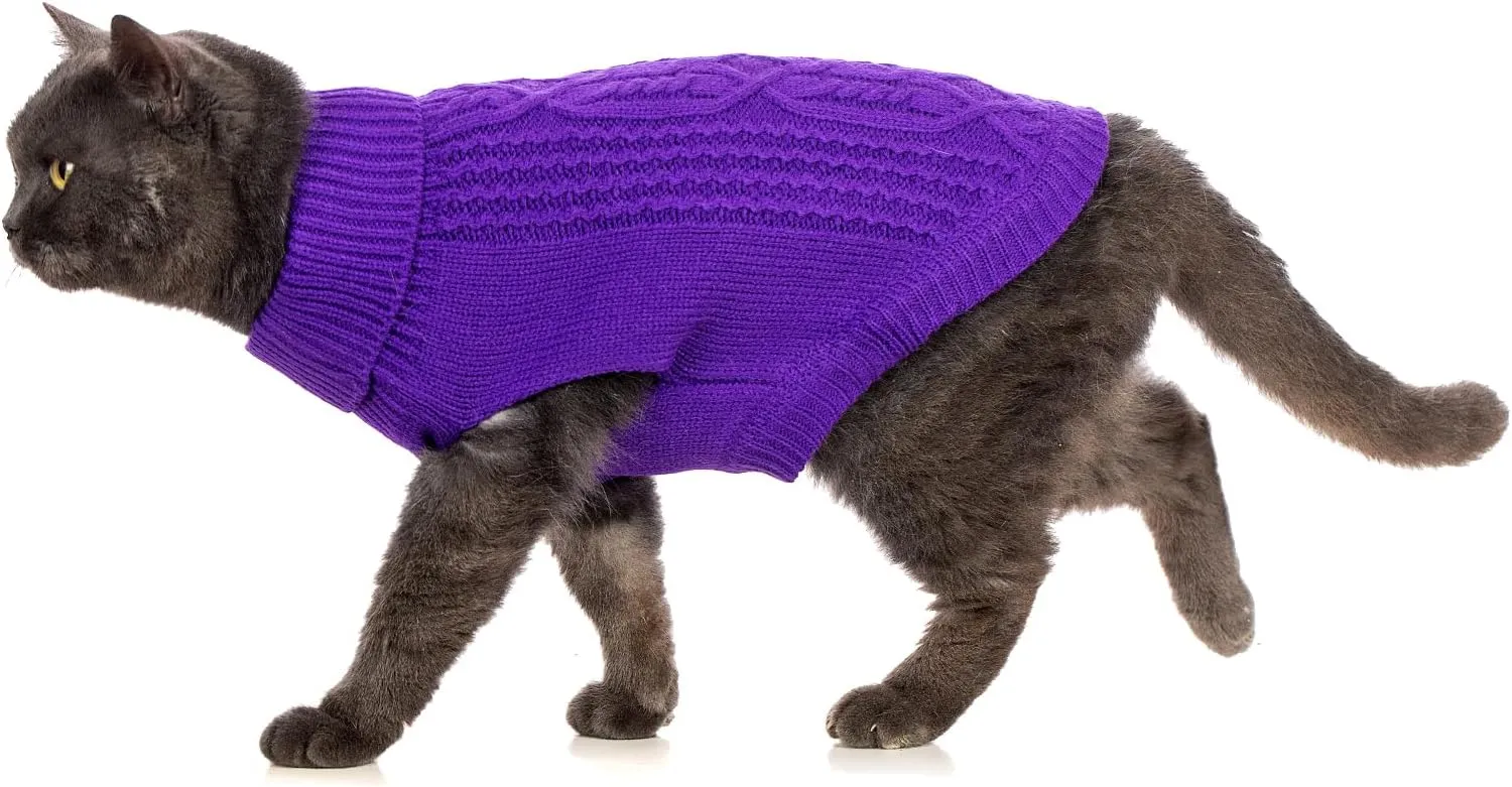 Cat Sweater Keep Your Pets Cozy, 16 Color Turtleneck Knitted Sleeveless Cat Clothes, Winter Outfits for Cats & Small Dogs During Cold Seasons (Deep Purple, Large)