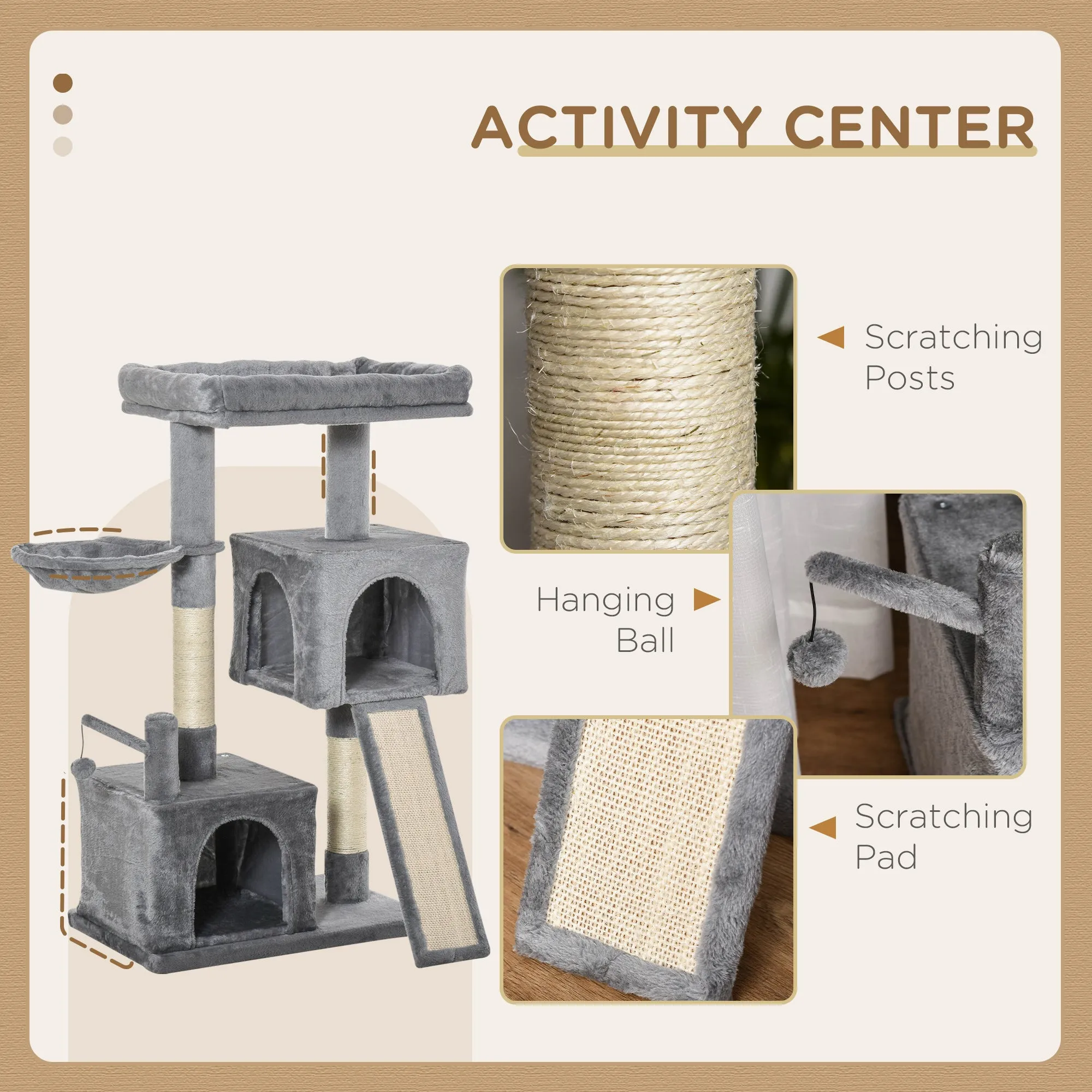 Cat Tree Tower for Indoor Cats, 111cm Kitten Activity Centre with Scratching Post Pad Hammock Condo Bed Ball Toy, Grey