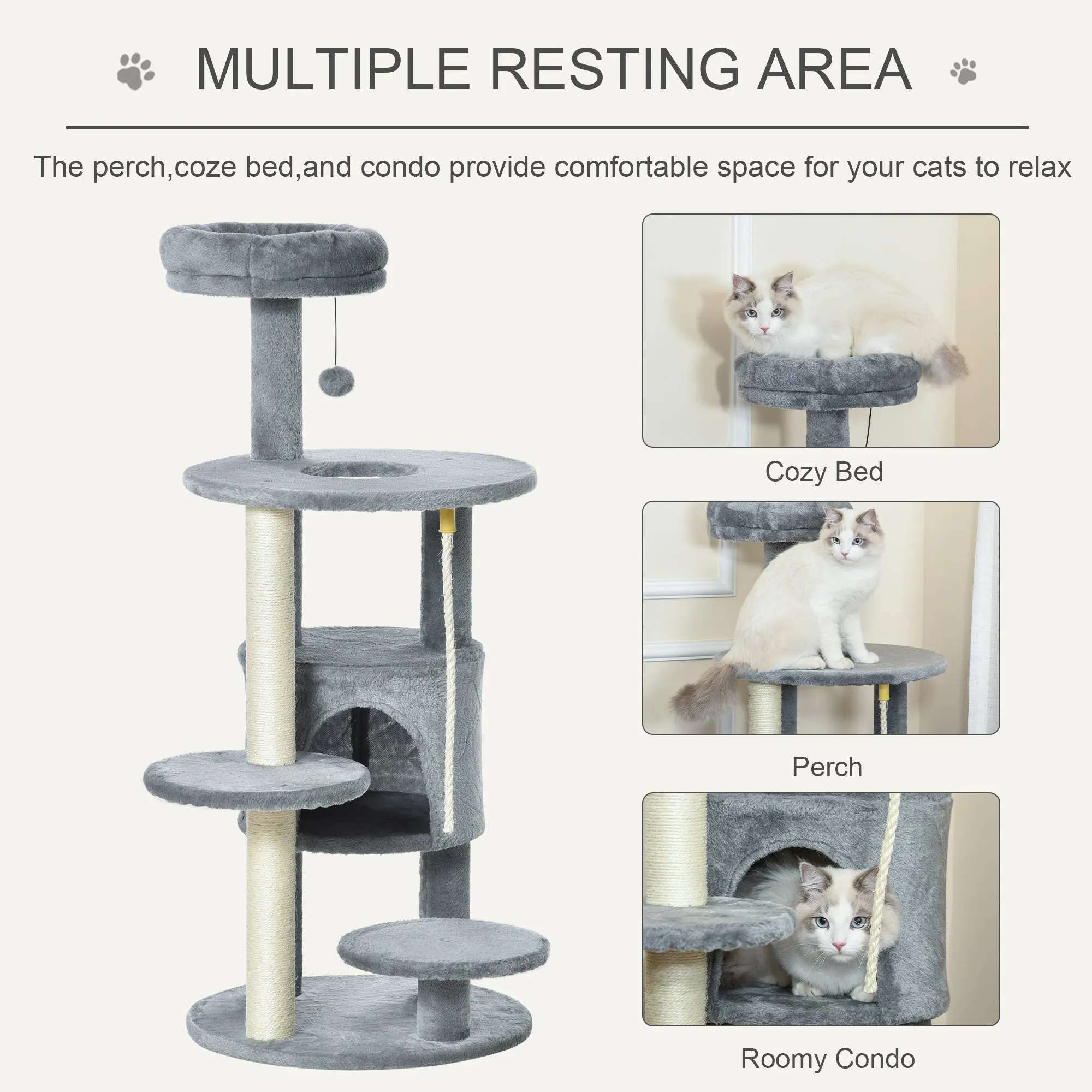Cat Tree Tower for Indoor Cats 112cm Climbing Kitten Activity Center with Jute Scratching Post Perch Hanging Ball Toy Teasing Rope Dark grey
