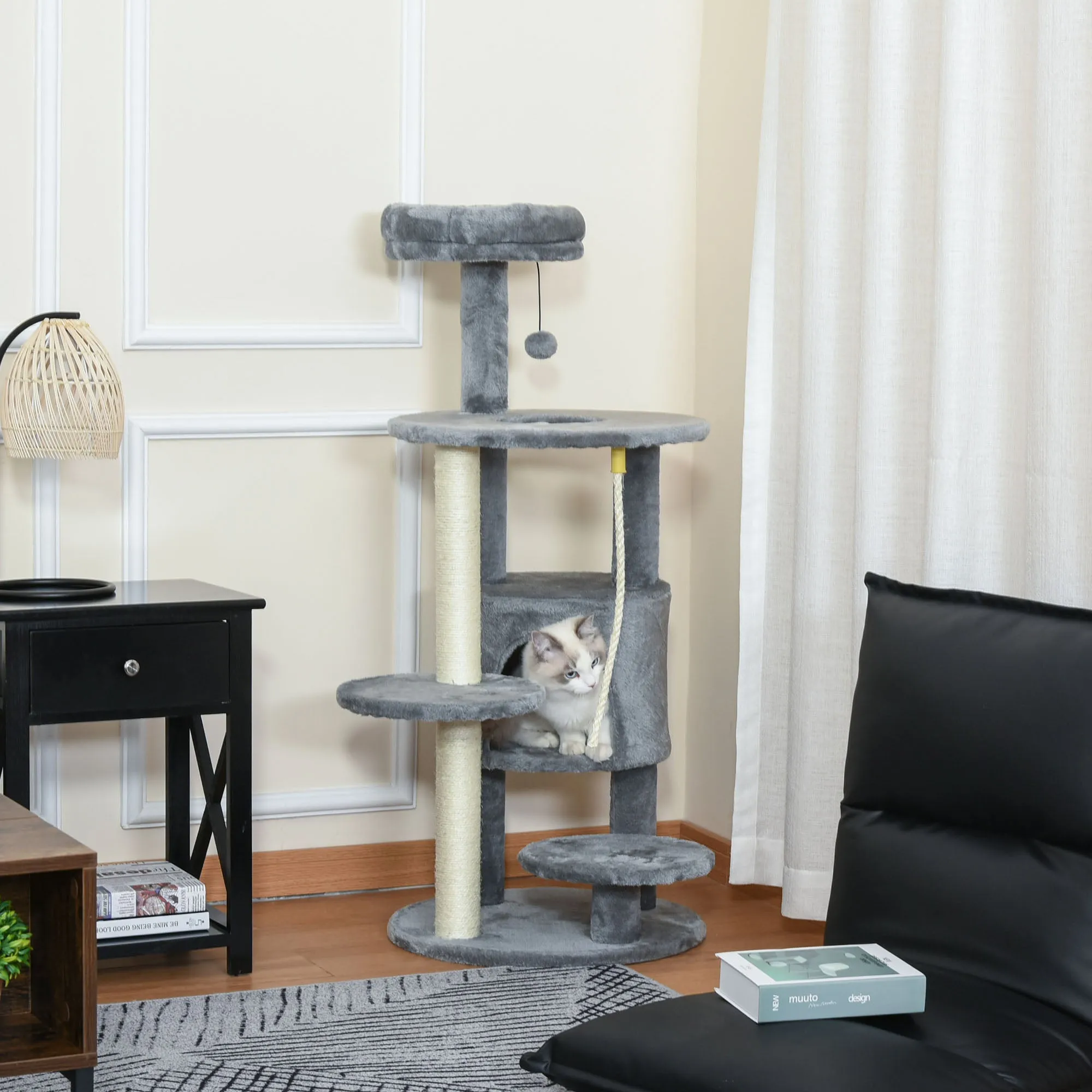 Cat Tree Tower for Indoor Cats 112cm Climbing Kitten Activity Center with Jute Scratching Post Perch Hanging Ball Toy Teasing Rope Dark grey