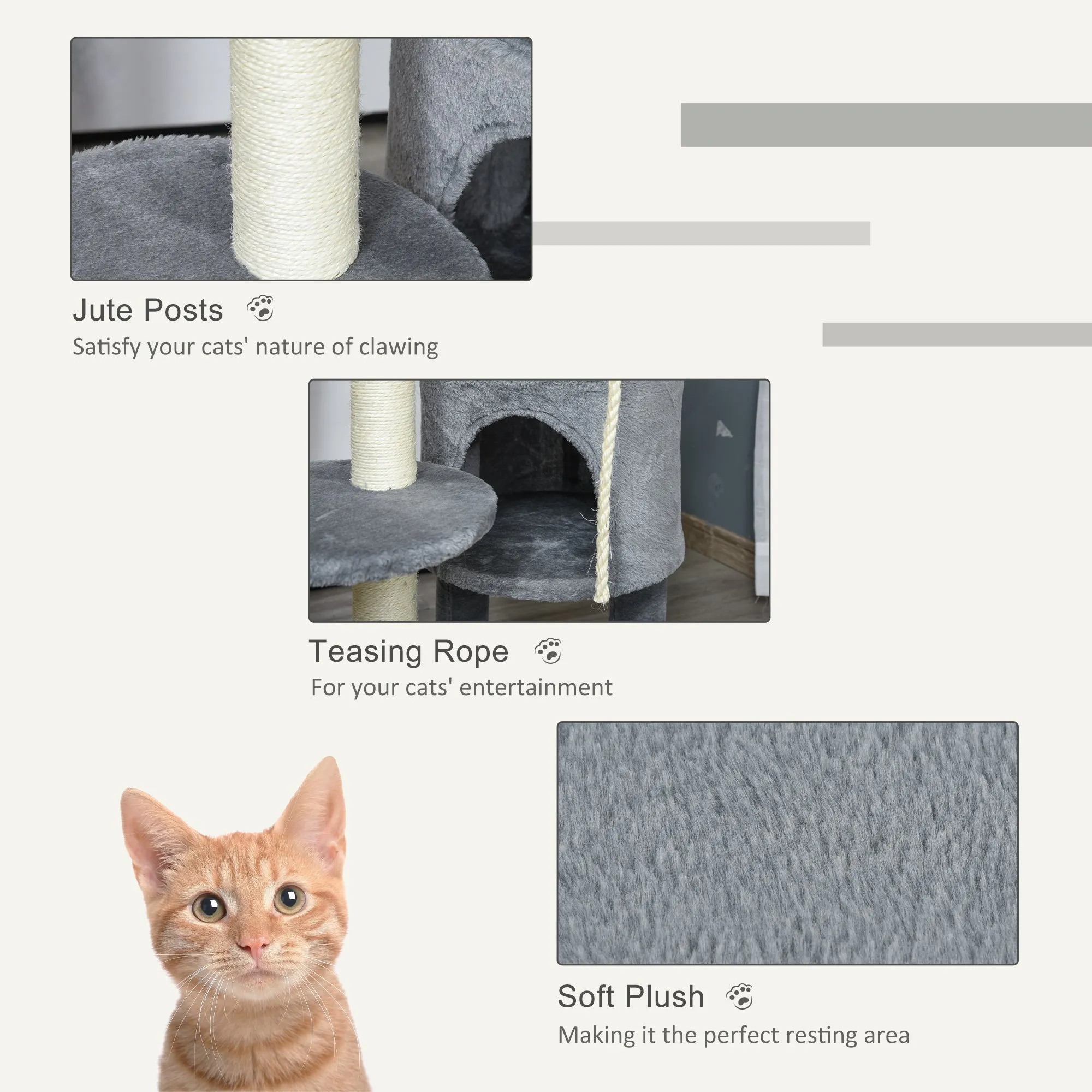Cat Tree Tower for Indoor Cats 112cm Climbing Kitten Activity Center with Jute Scratching Post Perch Hanging Ball Toy Teasing Rope Dark grey