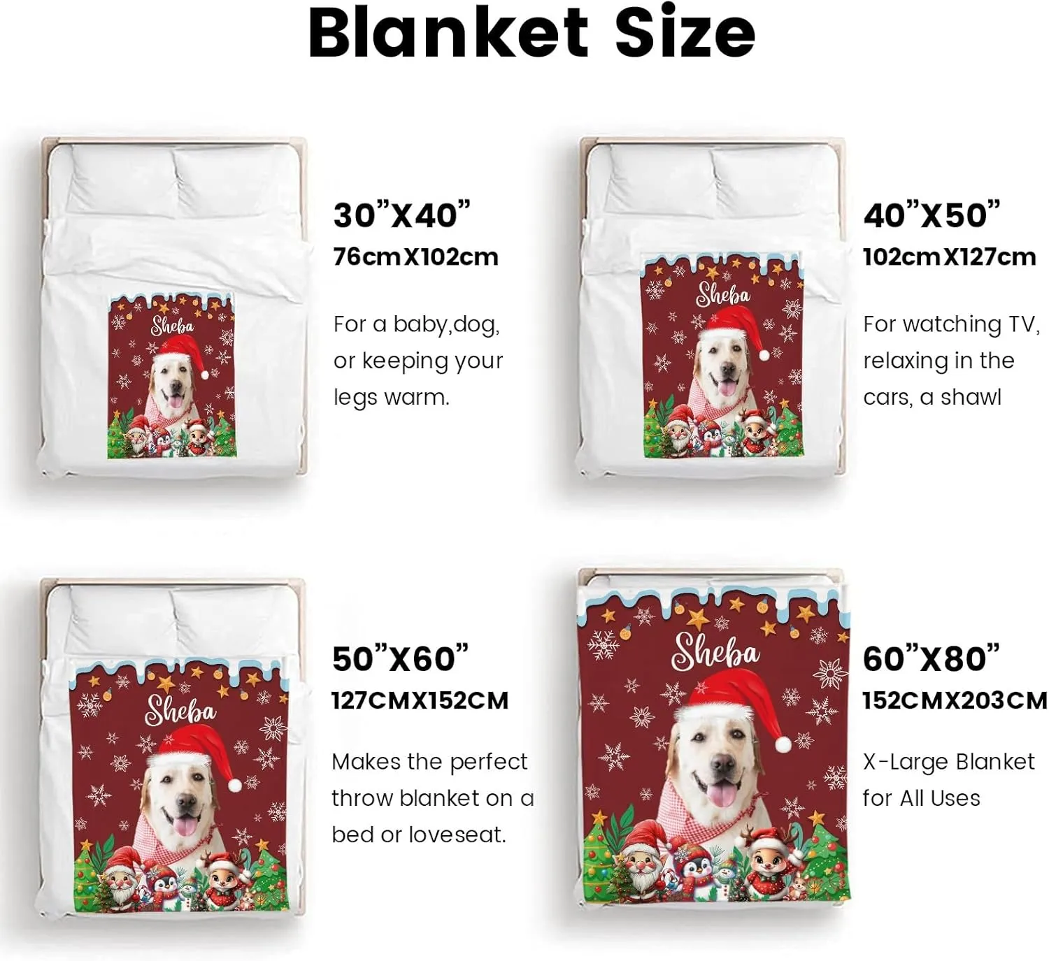 Custom Pet Blanket with Photo Name, Personalized Dog & Cat Portrait, Memorial Fleece Throw Blanket, Gifts for Dog Lovers - Christmas 50"x60"