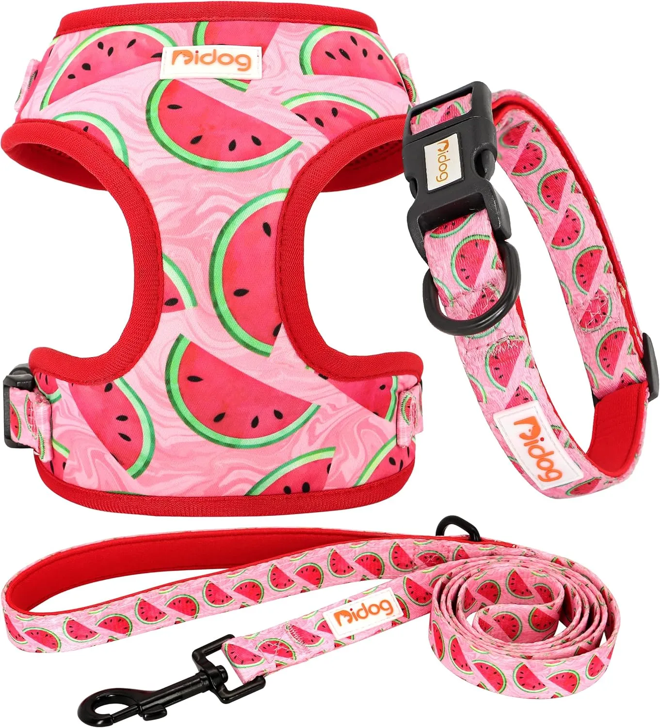 Didog No Pull Dog Harness Collar and Leash Set, Cute Pattern Puppy Dog Harness with Adjustable Collars and Leash, Soft Padded Air Mesh Vest for Small Dogs Walking Training(Watermelon, XS)