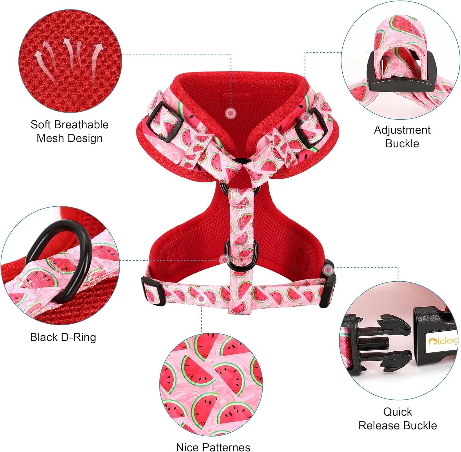 Didog No Pull Dog Harness Collar and Leash Set, Cute Pattern Puppy Dog Harness with Adjustable Collars and Leash, Soft Padded Air Mesh Vest for Small Dogs Walking Training(Watermelon, XS)