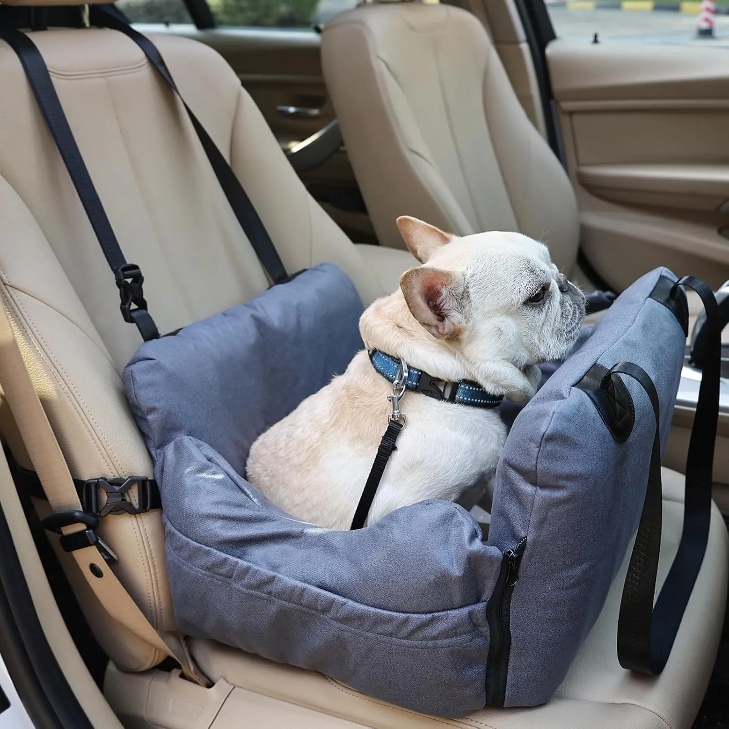 Dog Car Seats for Small Dogs, Removable Airbag Design Gray Waterproof Pet Booster Seat with Thick Cushion, Washable Travel Doggie Bed Carseat for Small Dog Up to 33 lbs
