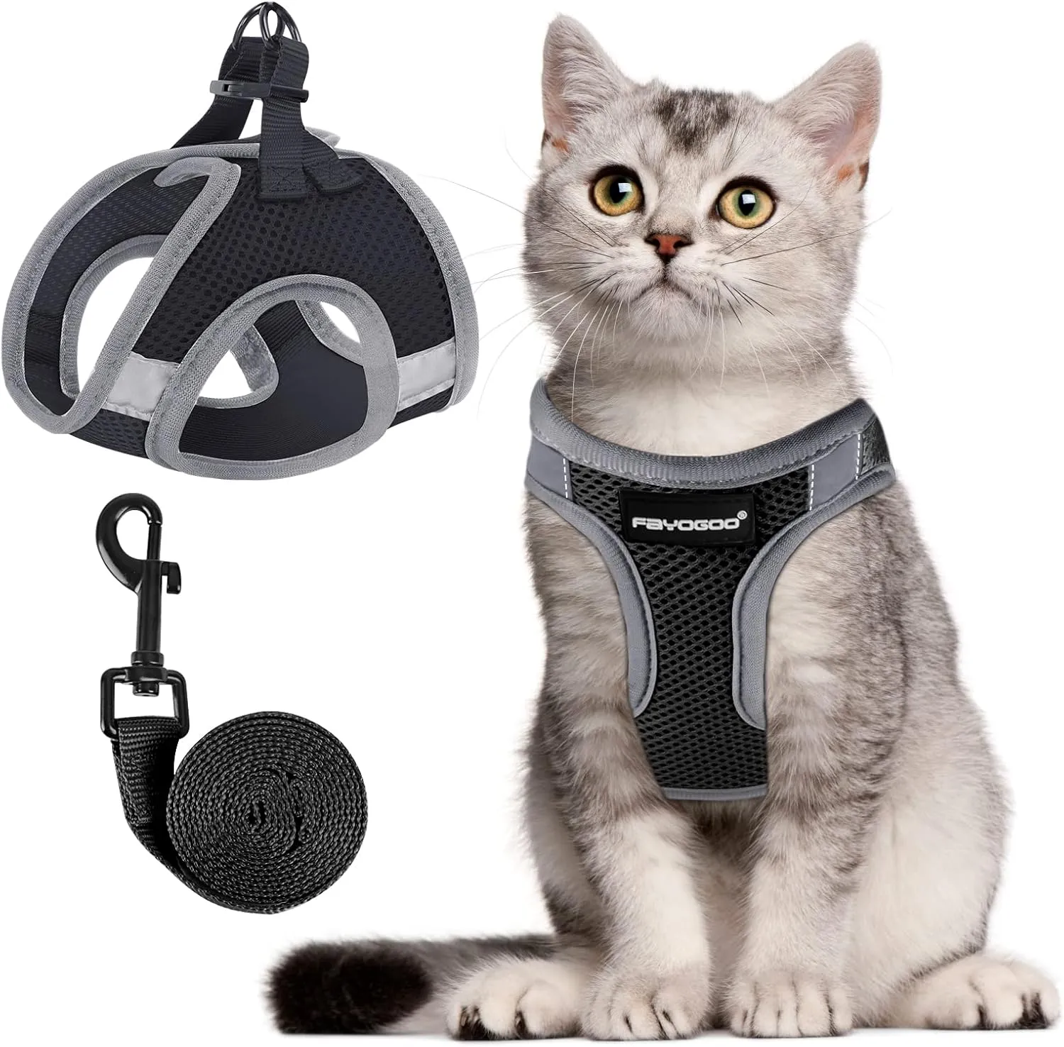FAYOGOO Cat Harness and Leash Set for Walking Escape Proof, Kitten Adjustable Small Large Cat Lightweight Soft Vest Harness and Leash