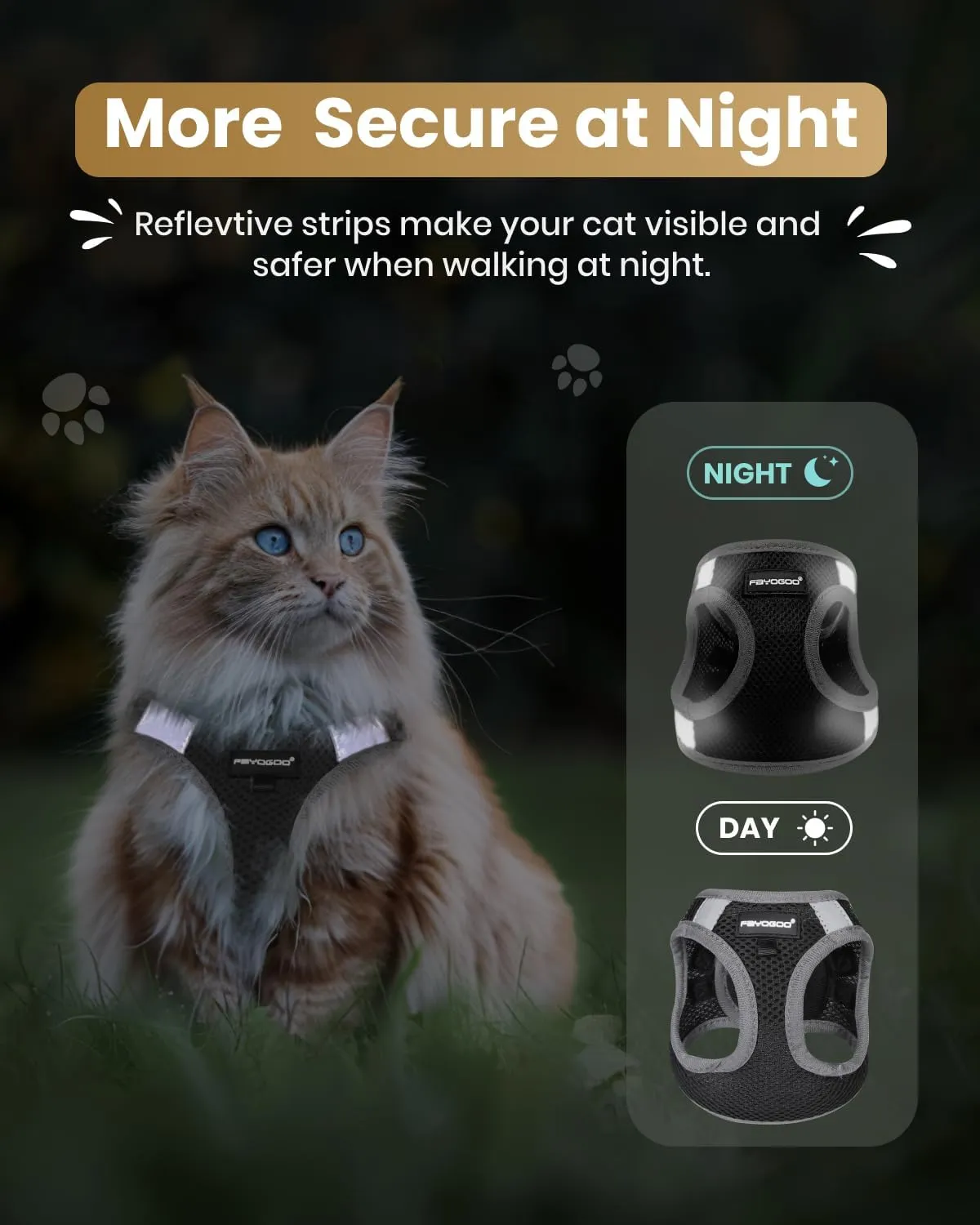 FAYOGOO Cat Harness and Leash Set for Walking Escape Proof, Kitten Adjustable Small Large Cat Lightweight Soft Vest Harness and Leash