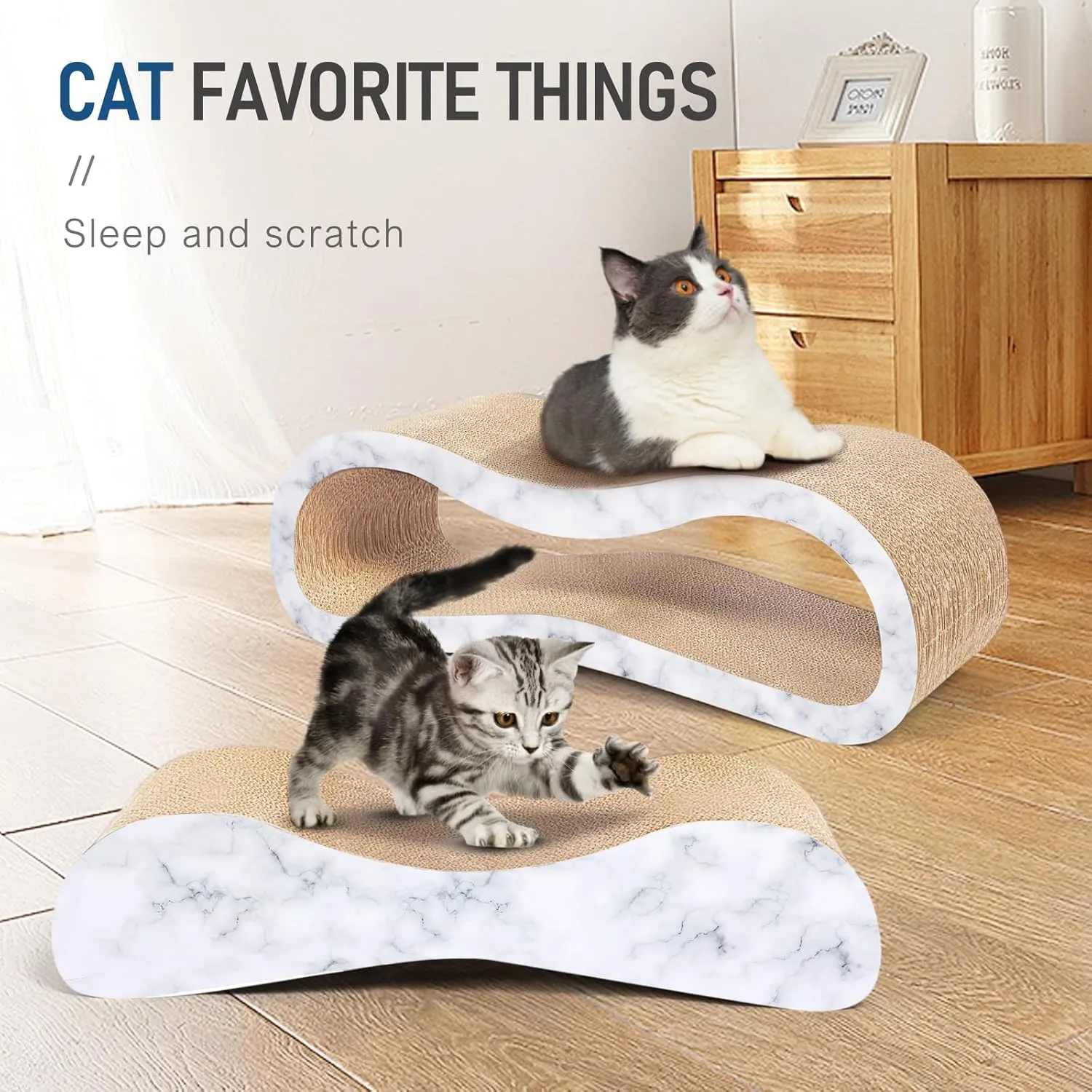 FluffyDream 2 in 1 Cat Scratcher Cardboard Lounge Bed, Cat Scratching Post, Durable Board Pads Prevents Furniture Damage,Large,Marble White