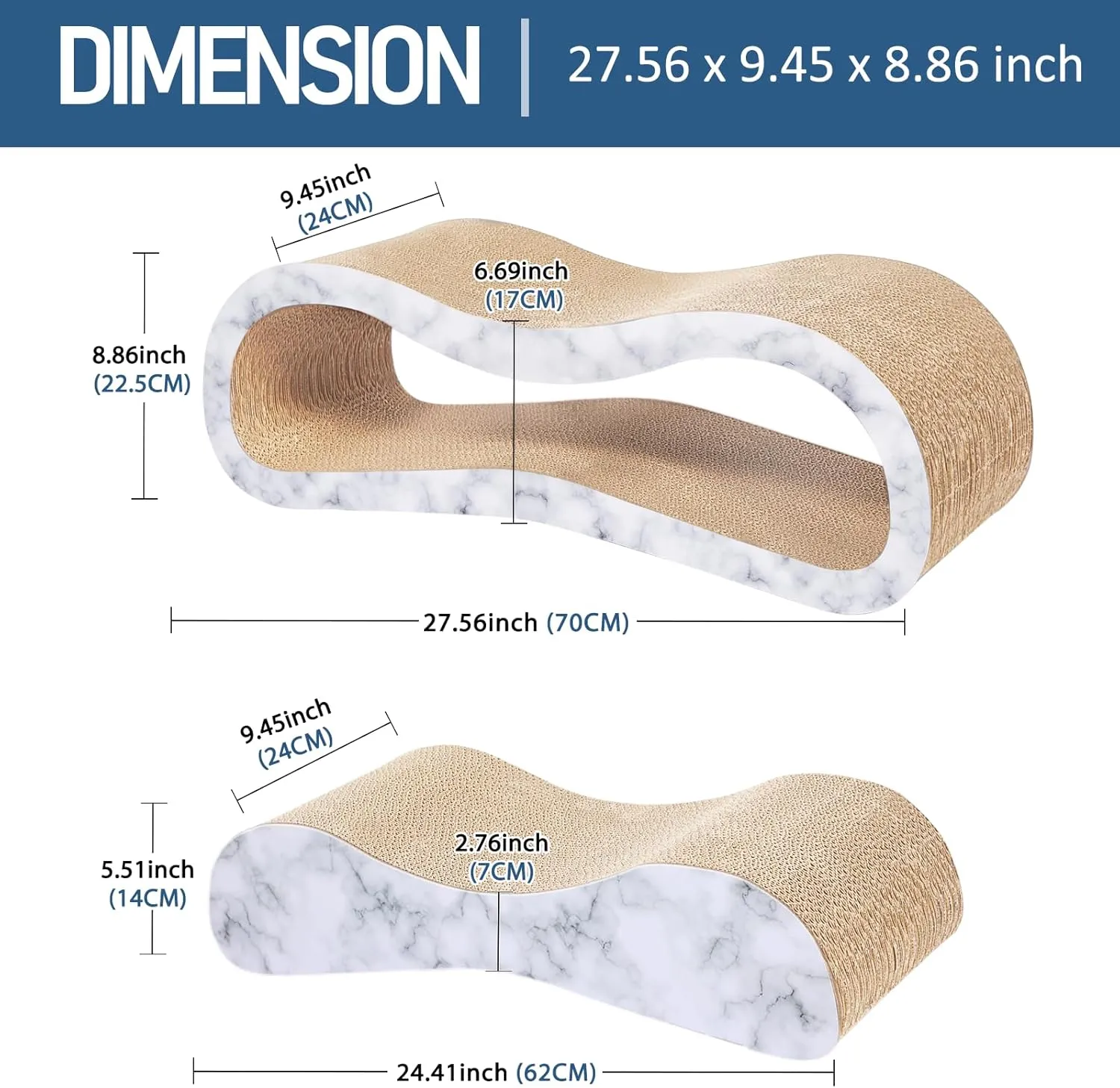 FluffyDream 2 in 1 Cat Scratcher Cardboard Lounge Bed, Cat Scratching Post, Durable Board Pads Prevents Furniture Damage,Large,Marble White