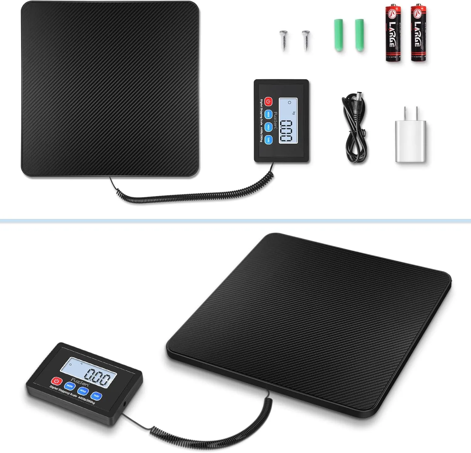 Fuzion Shipping Scale, 440LB x 10g High Accuracy Postal Scale, Hold/Tare/LCD Display, Digital Shipping Postal Scale for Packages, Postage, Luggage, Mailing, Battery & AC Adapter Included