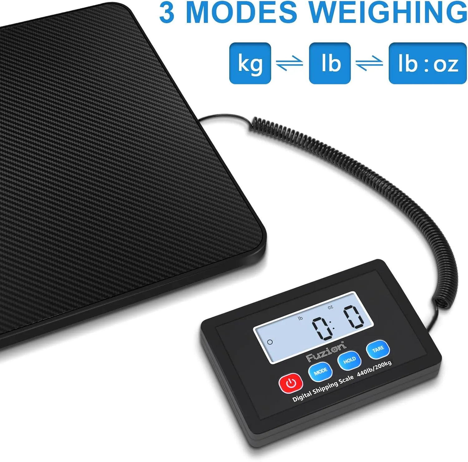 Fuzion Shipping Scale, 440LB x 10g High Accuracy Postal Scale, Hold/Tare/LCD Display, Digital Shipping Postal Scale for Packages, Postage, Luggage, Mailing, Battery & AC Adapter Included