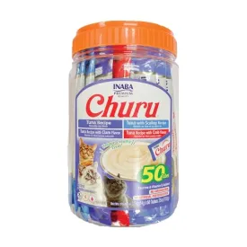 INABA Churu Cat Treats, Lickable, Squeezable Creamy Purée Cat Treat with Green Tea Extract & Taurine, 0.5 Ounces Each Tube, 50 Tubes, Tuna & Seafood Variety