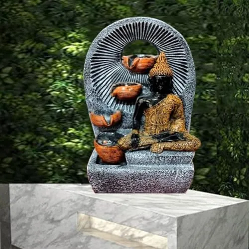 Jellify 4 Step Buddha Fountain | 4 Diya Water Feature | 61x 28 x 22 cm | Home Decor | Garden Decor | Balcony Decor | Buddha Corner