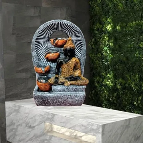 Jellify 4 Step Buddha Fountain | 4 Diya Water Feature | 61x 28 x 22 cm | Home Decor | Garden Decor | Balcony Decor | Buddha Corner