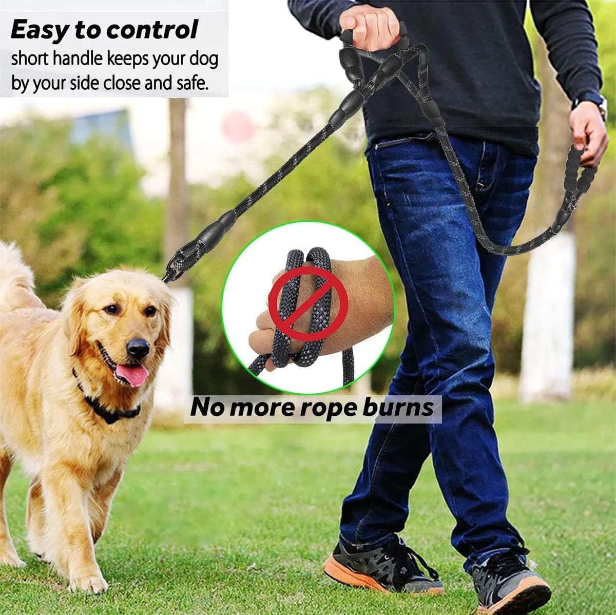 JSXD Heavy Duty Double Handle Dog Leash - 5 FT, Padded & Reflective, Rope for Small to Large Dogs (Black)