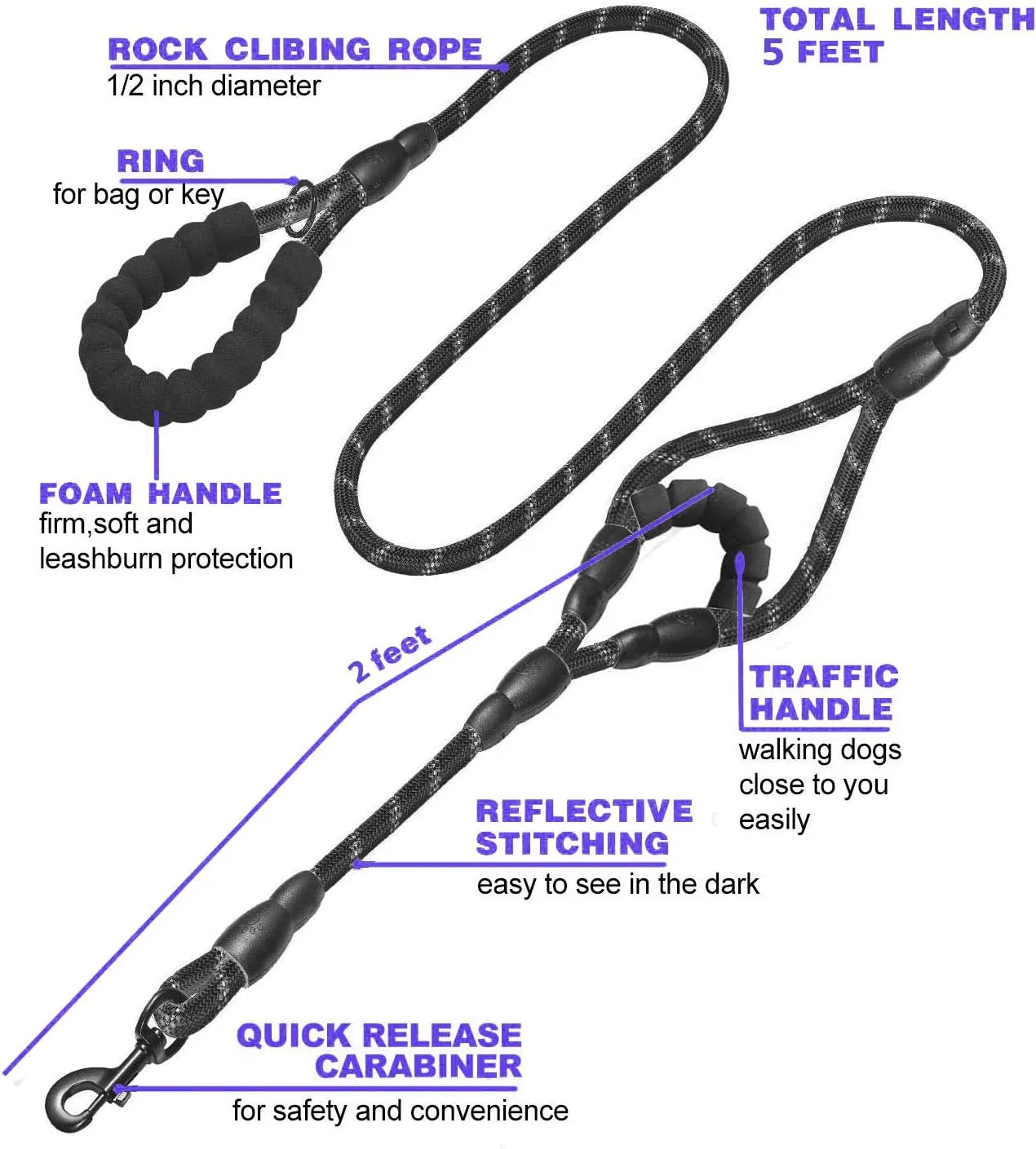 JSXD Heavy Duty Double Handle Dog Leash - 5 FT, Padded & Reflective, Rope for Small to Large Dogs (Black)