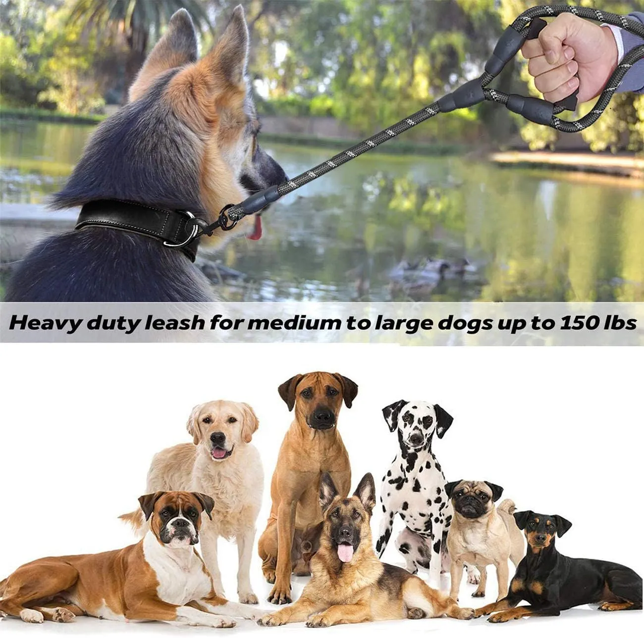 JSXD Heavy Duty Double Handle Dog Leash - 5 FT, Padded & Reflective, Rope for Small to Large Dogs (Black)