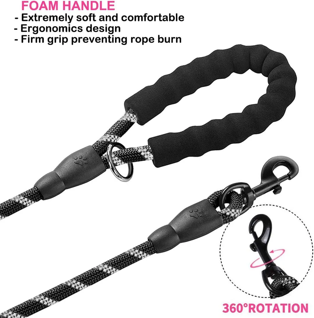 JSXD Heavy Duty Double Handle Dog Leash - 5 FT, Padded & Reflective, Rope for Small to Large Dogs (Black)