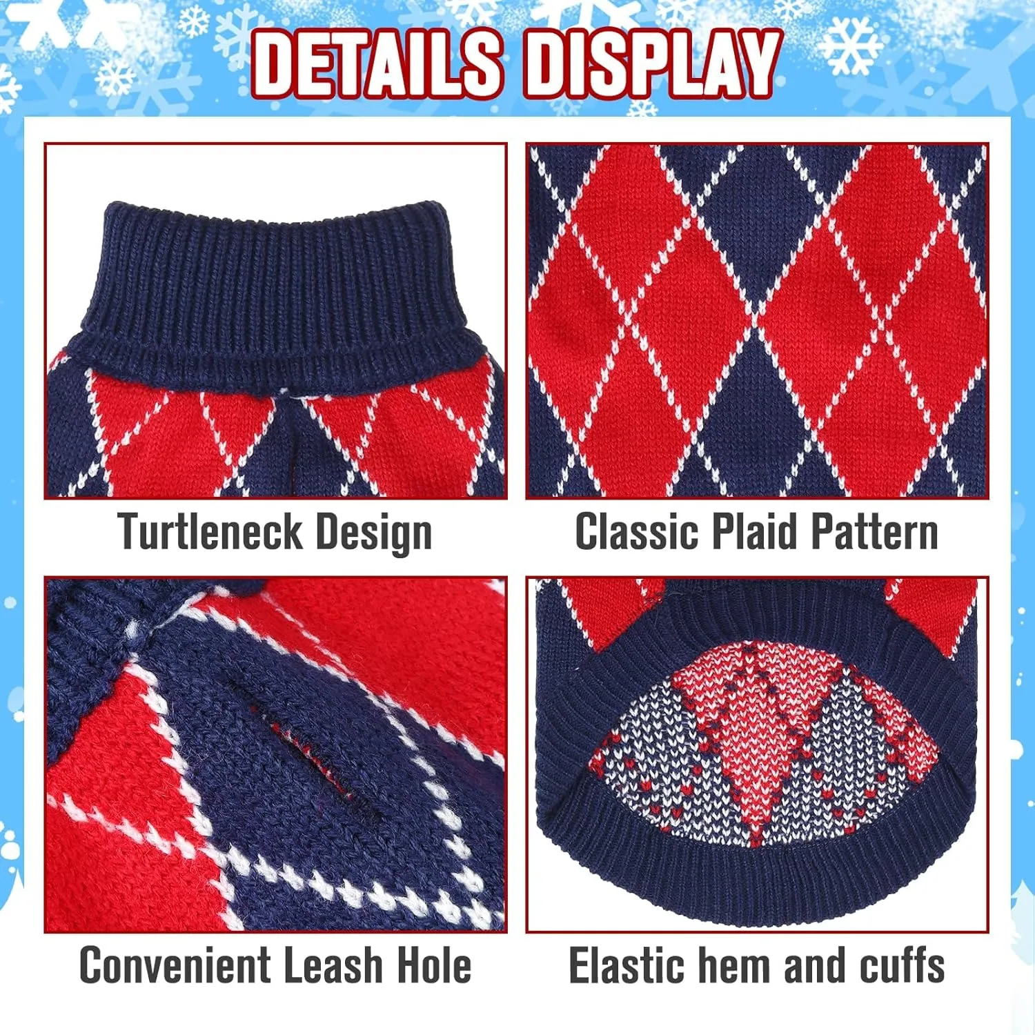 KOOLTAIL Knit Turtleneck Cold Weather Sweater, Soft Diamond Plaid Pullover for Medium to Large Dogs, Warm Clothes for Girls & Boys