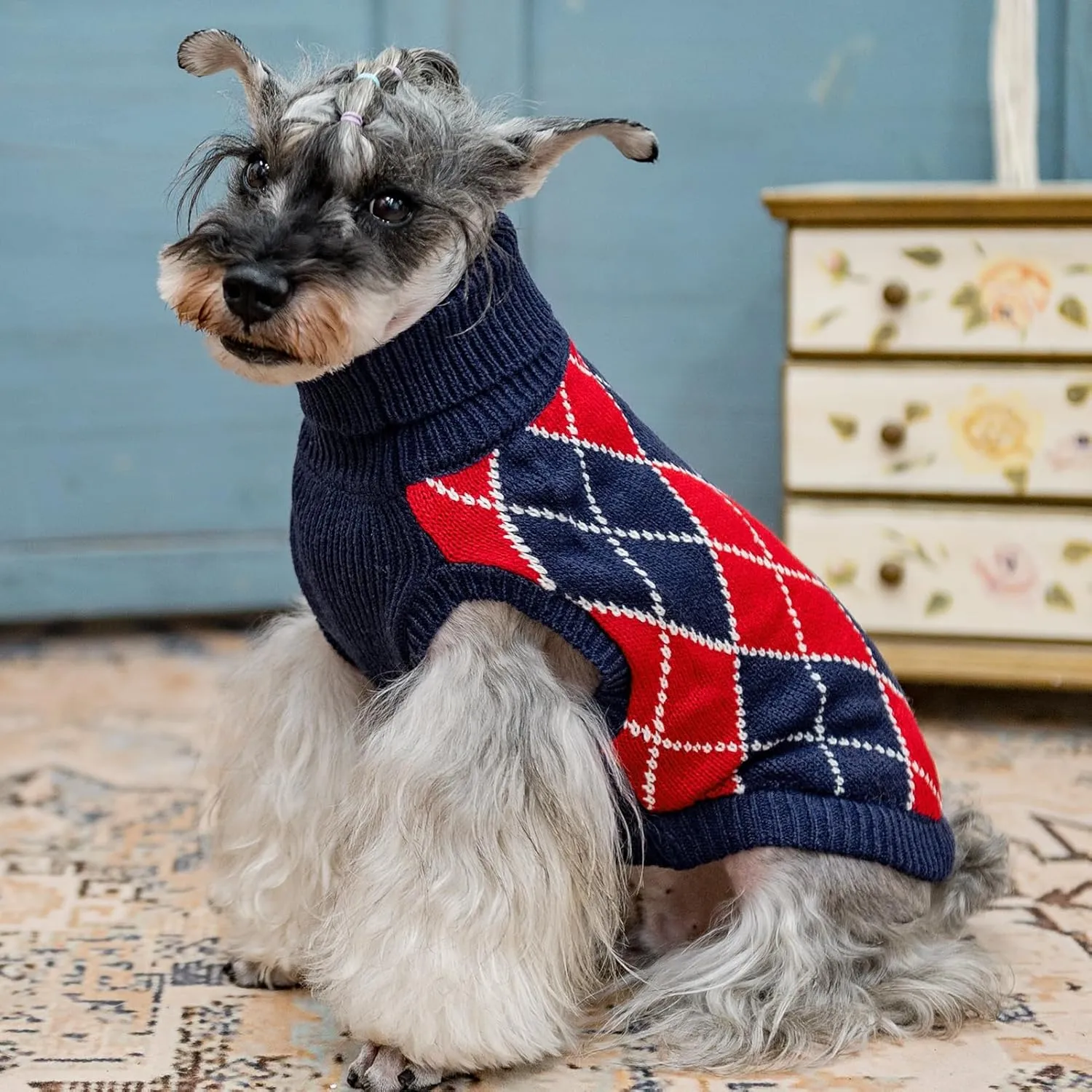 KOOLTAIL Knit Turtleneck Cold Weather Sweater, Soft Diamond Plaid Pullover for Medium to Large Dogs, Warm Clothes for Girls & Boys