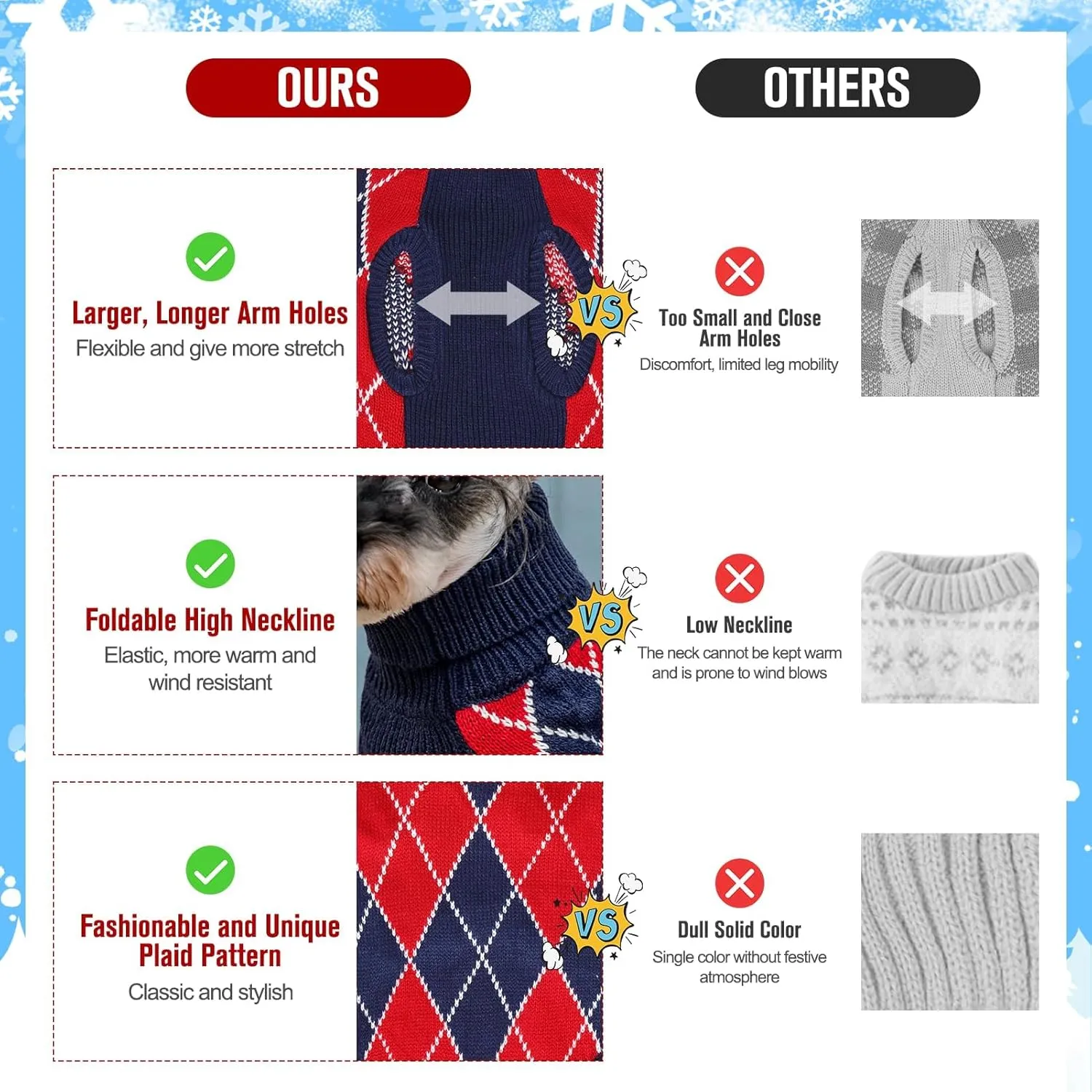 KOOLTAIL Knit Turtleneck Cold Weather Sweater, Soft Diamond Plaid Pullover for Medium to Large Dogs, Warm Clothes for Girls & Boys