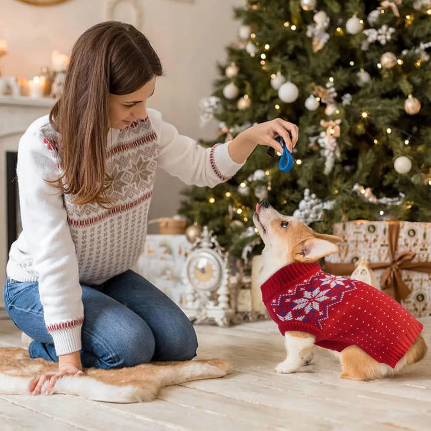 Kuoser Dog Cat Sweater, Holiday Christmas Snowflake Pet Warm Knitwear Dog Sweater Soft Puppy Clothing Dog Winter Coat, Dog Turtleneck Cold Weather Outfit Pullover for Small Medium Dogs Cats